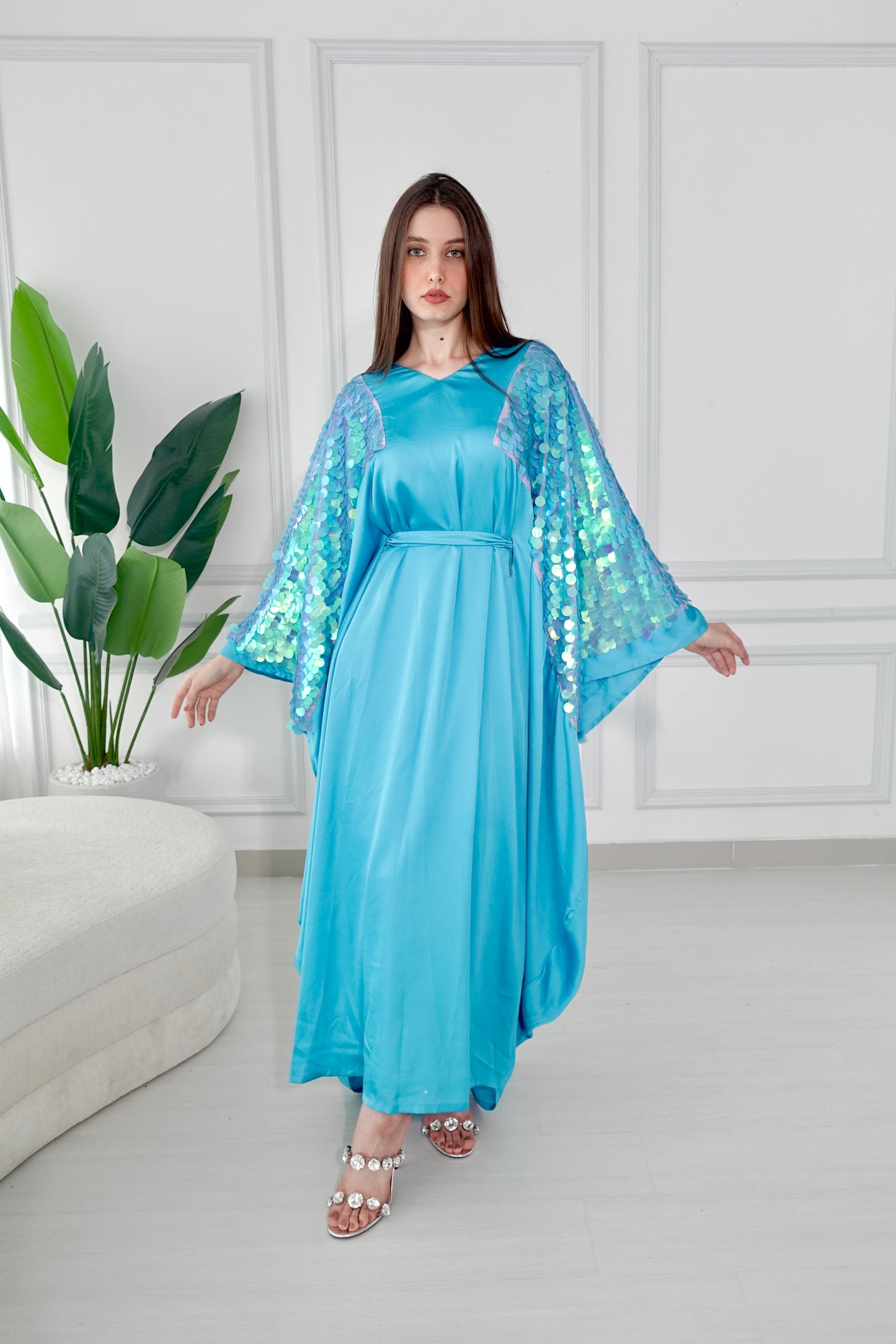 Turquoise kaftan dress with sequence embroidery