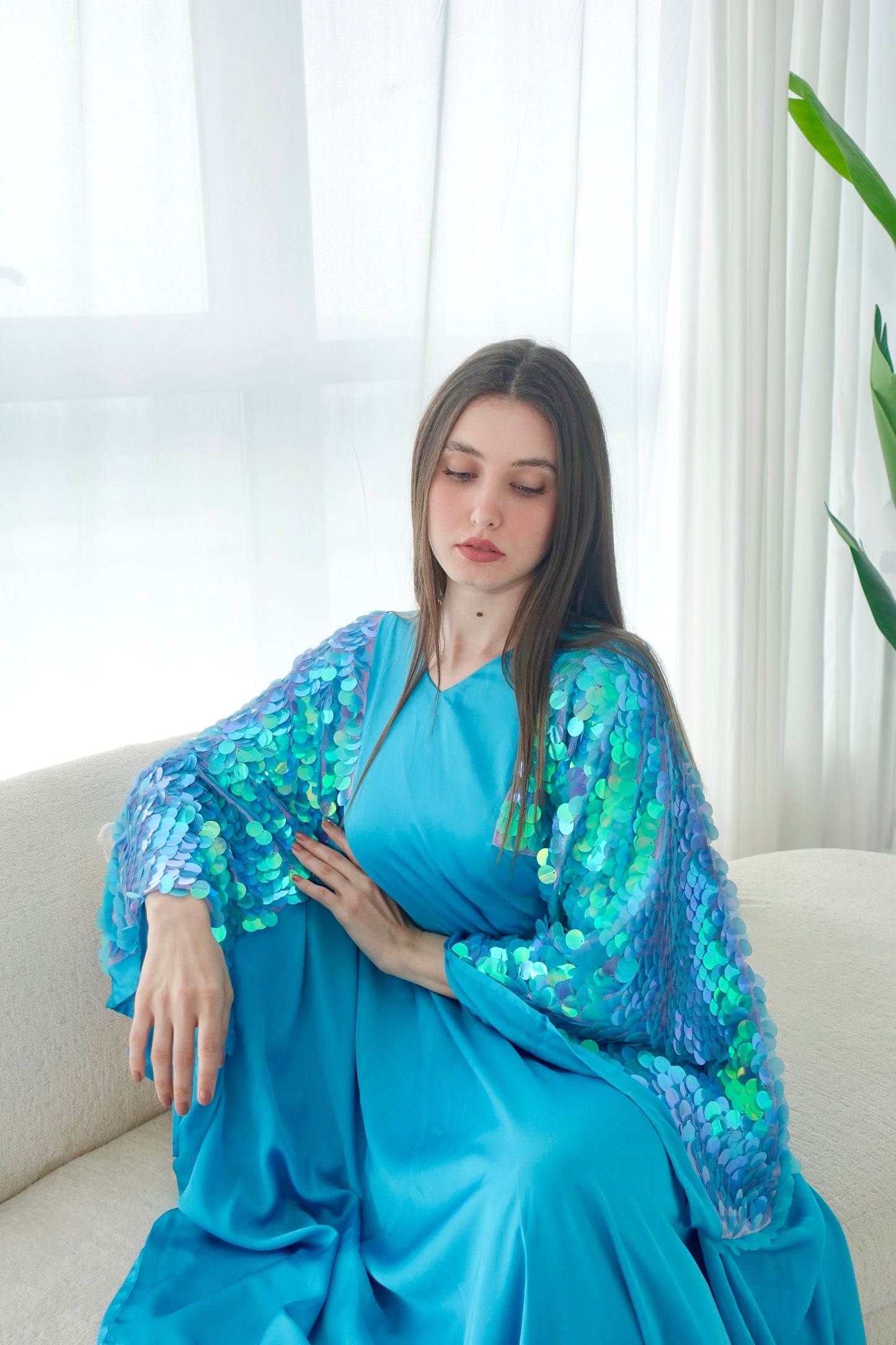 Turquoise kaftan dress with sequence embroidery
