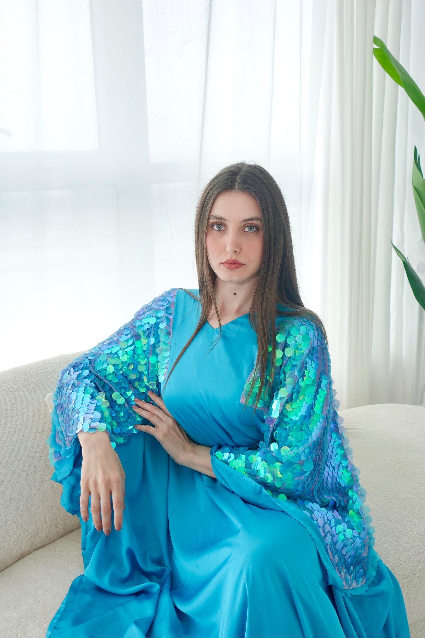Turquoise kaftan dress with sequence embroidery