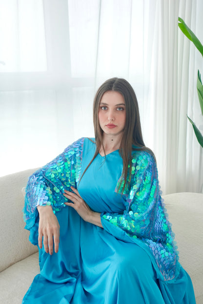 Turquoise kaftan dress with sequence embroidery