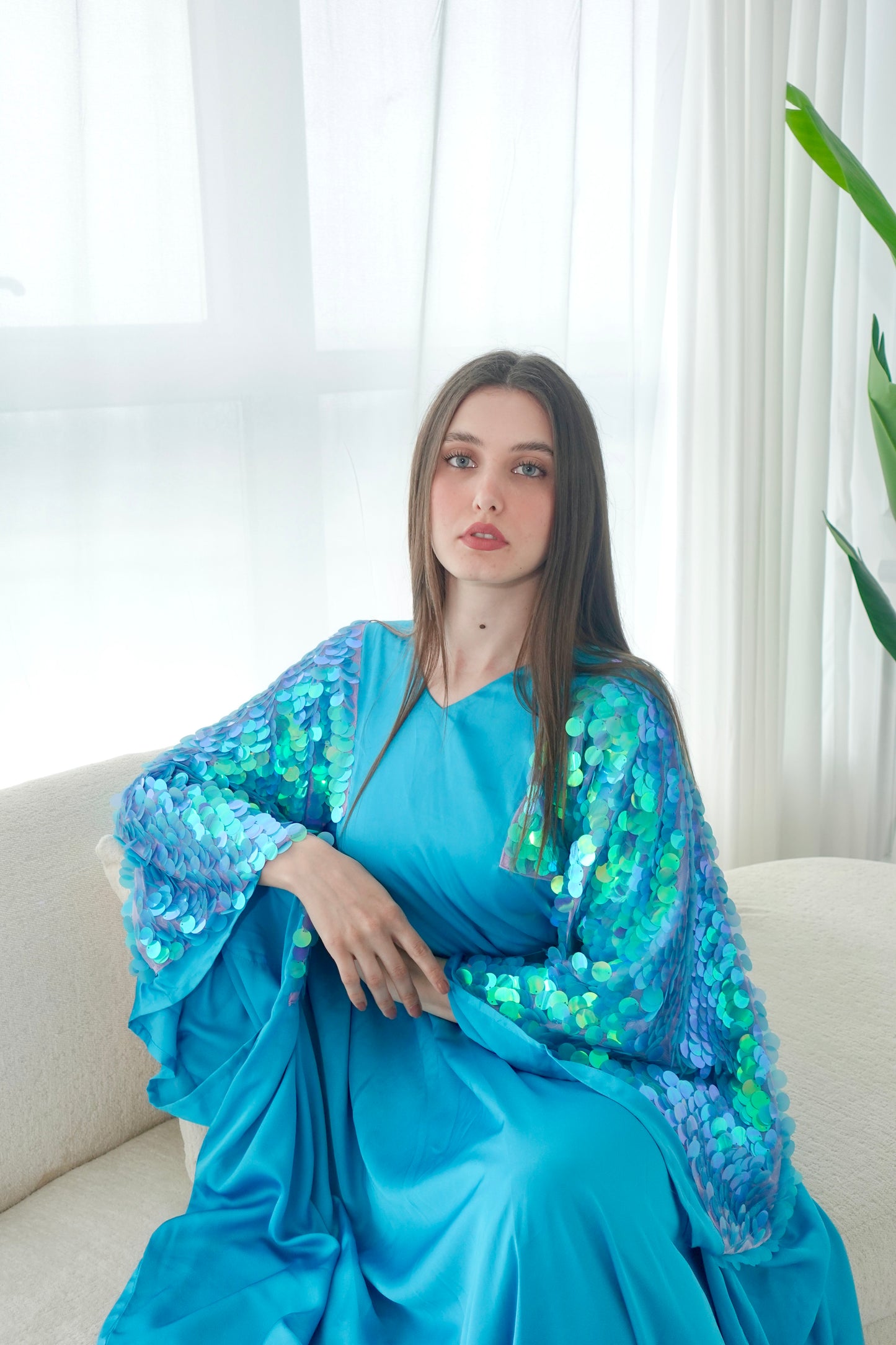 Turquoise kaftan dress with sequence embroidery