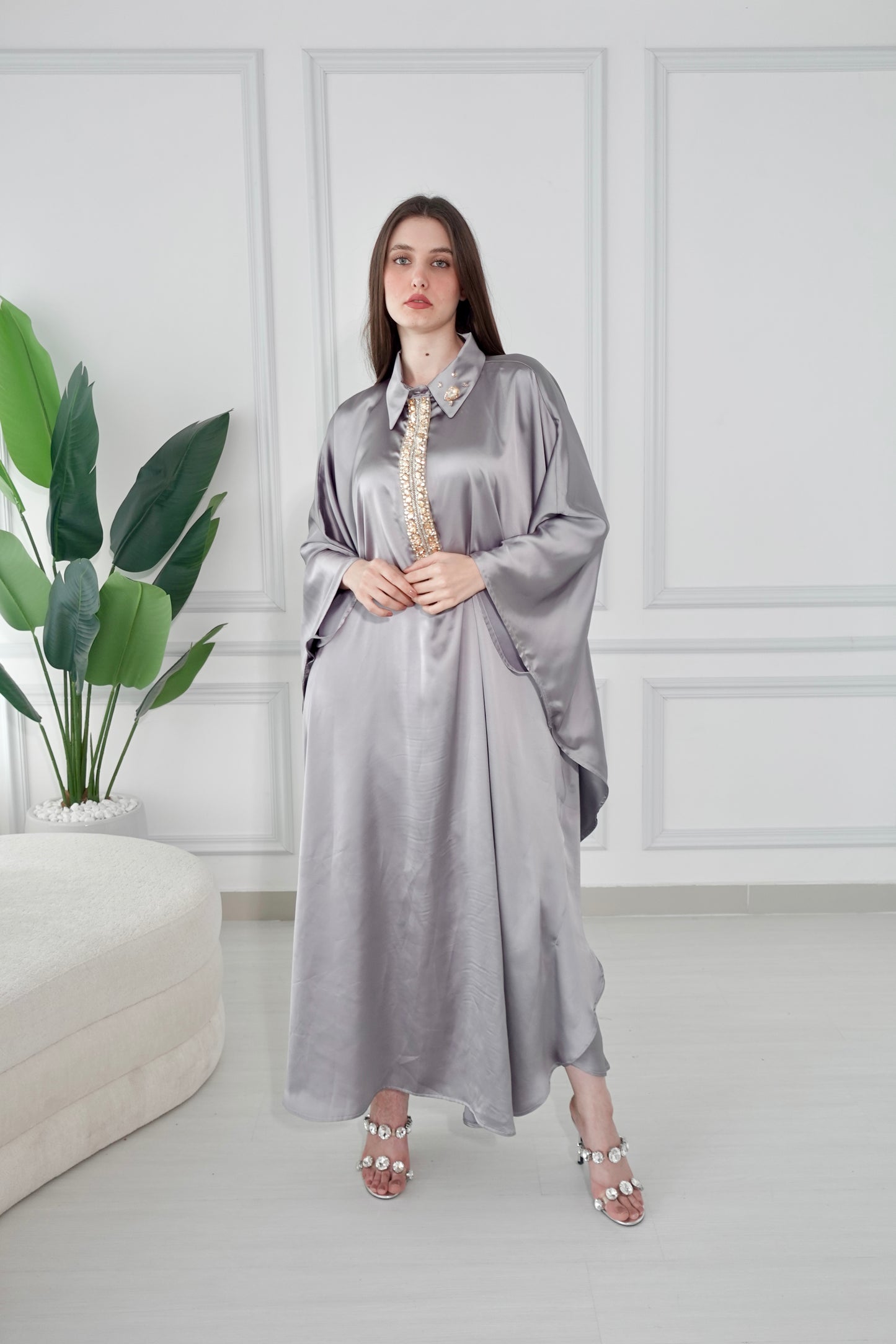Silver kaftan dress with swarovski stone embroidery