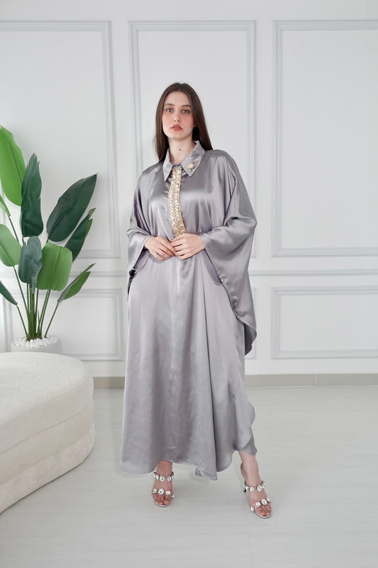 Silver kaftan dress with swarovski stone embroidery