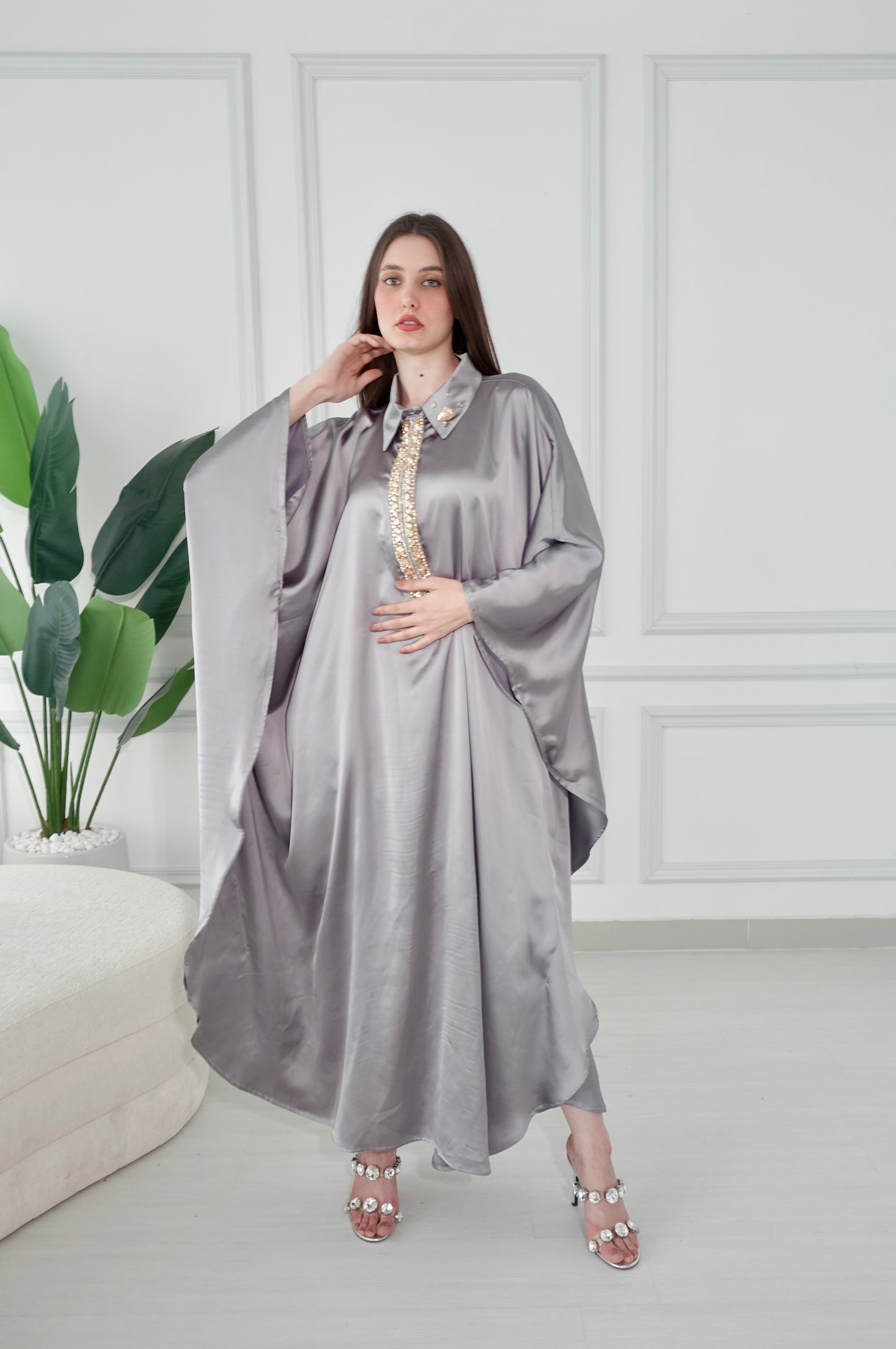 Silver kaftan dress with swarovski stone embroidery