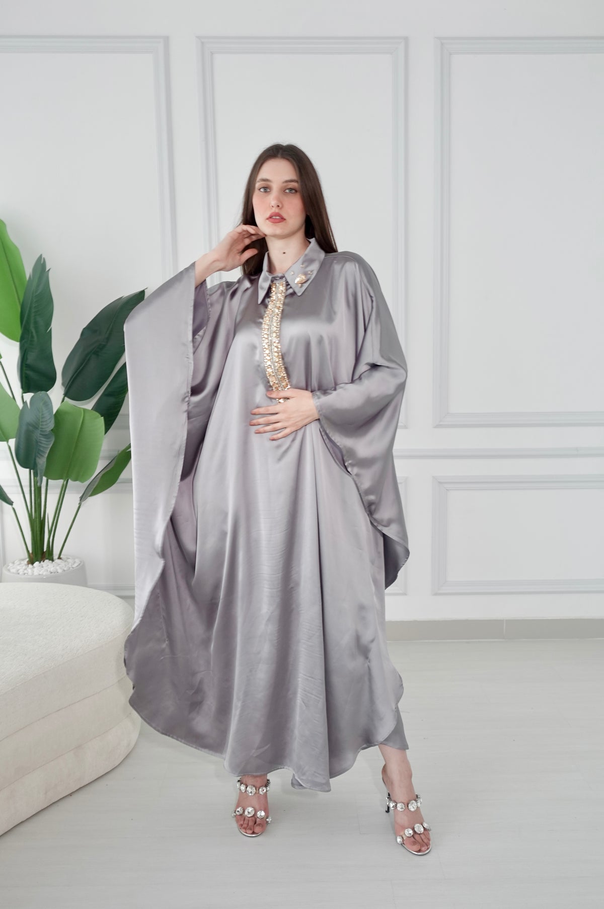 Silver Kaftan Dress With Swarovski Stone Embroidery