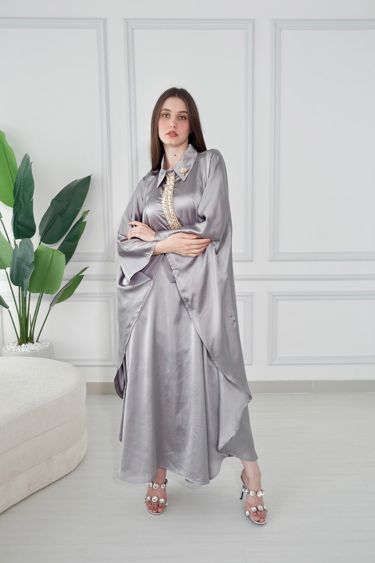 Silver kaftan dress with swarovski stone embroidery