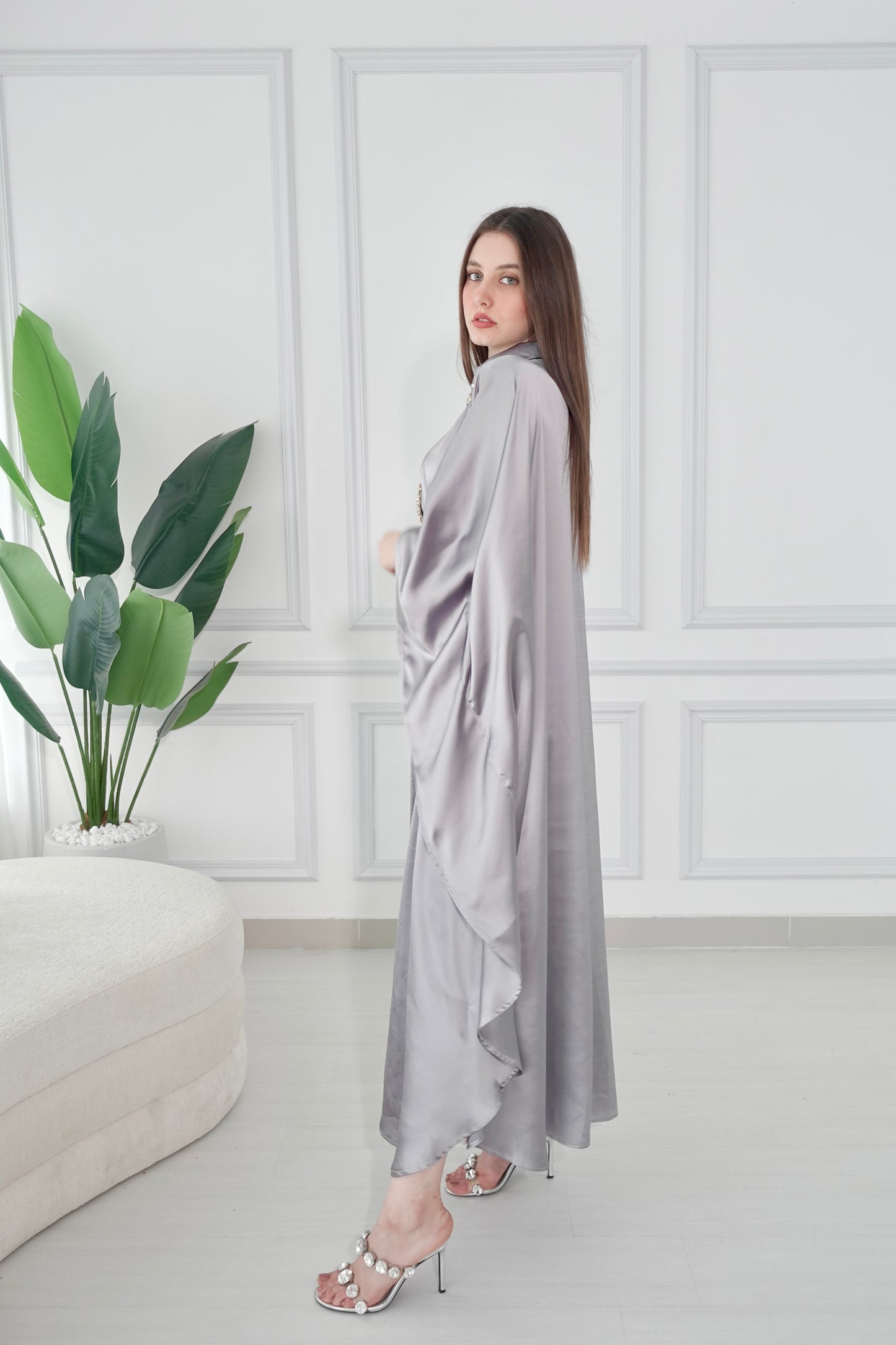 Silver kaftan dress with swarovski stone embroidery