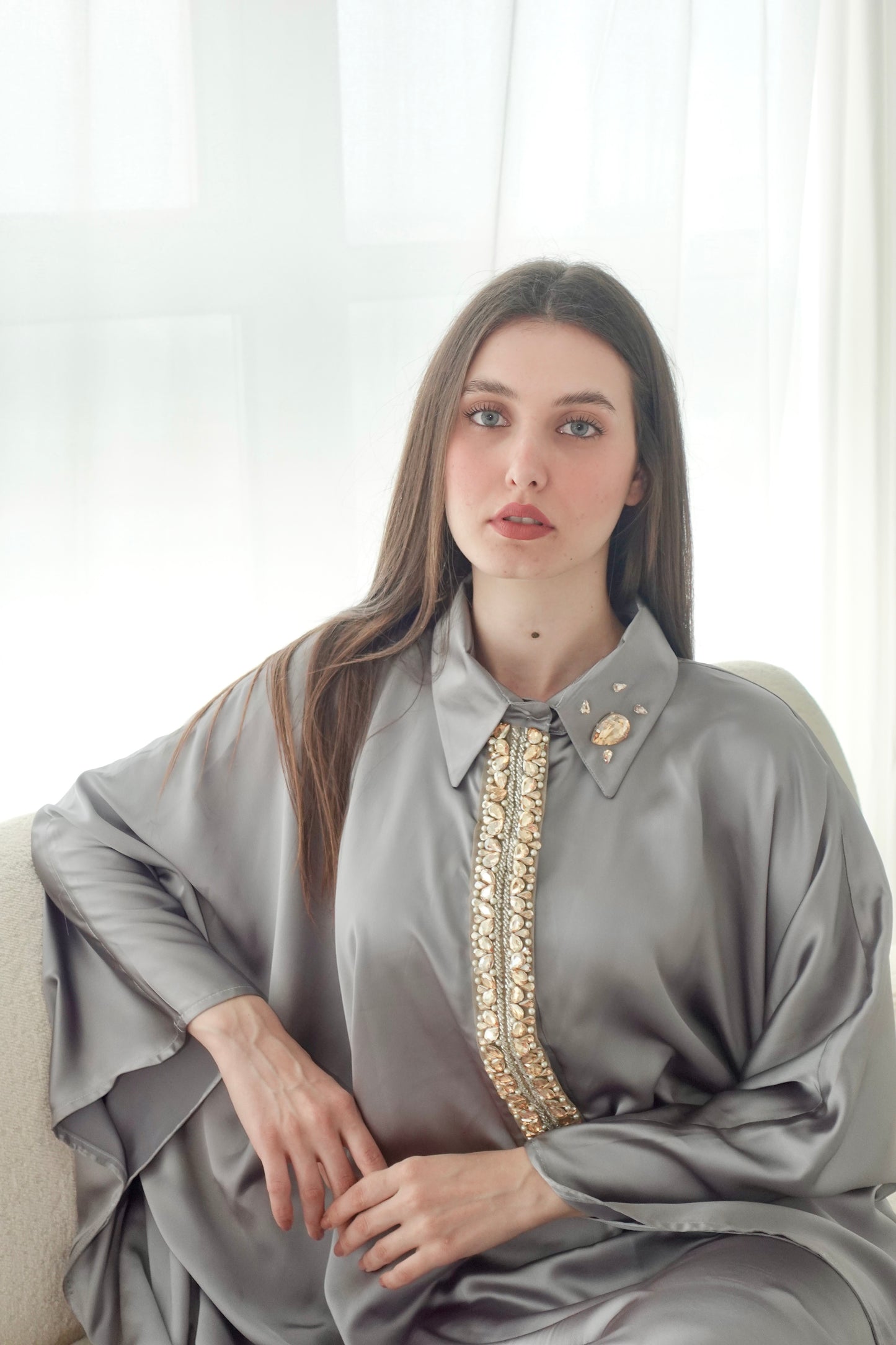 Silver kaftan dress with swarovski stone embroidery
