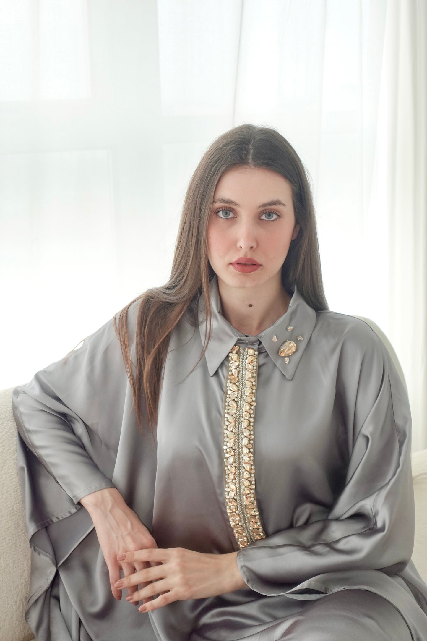 Silver kaftan dress with swarovski stone embroidery