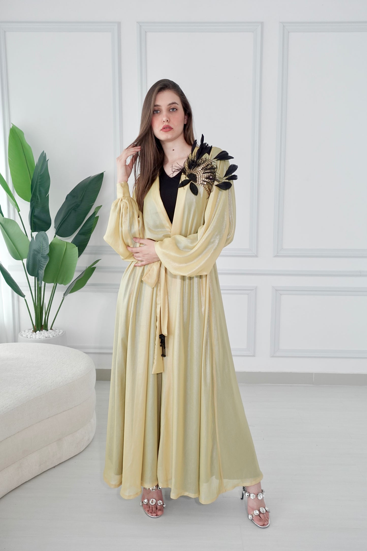 Shiny yellow kaftan with beads embroidery and feathers