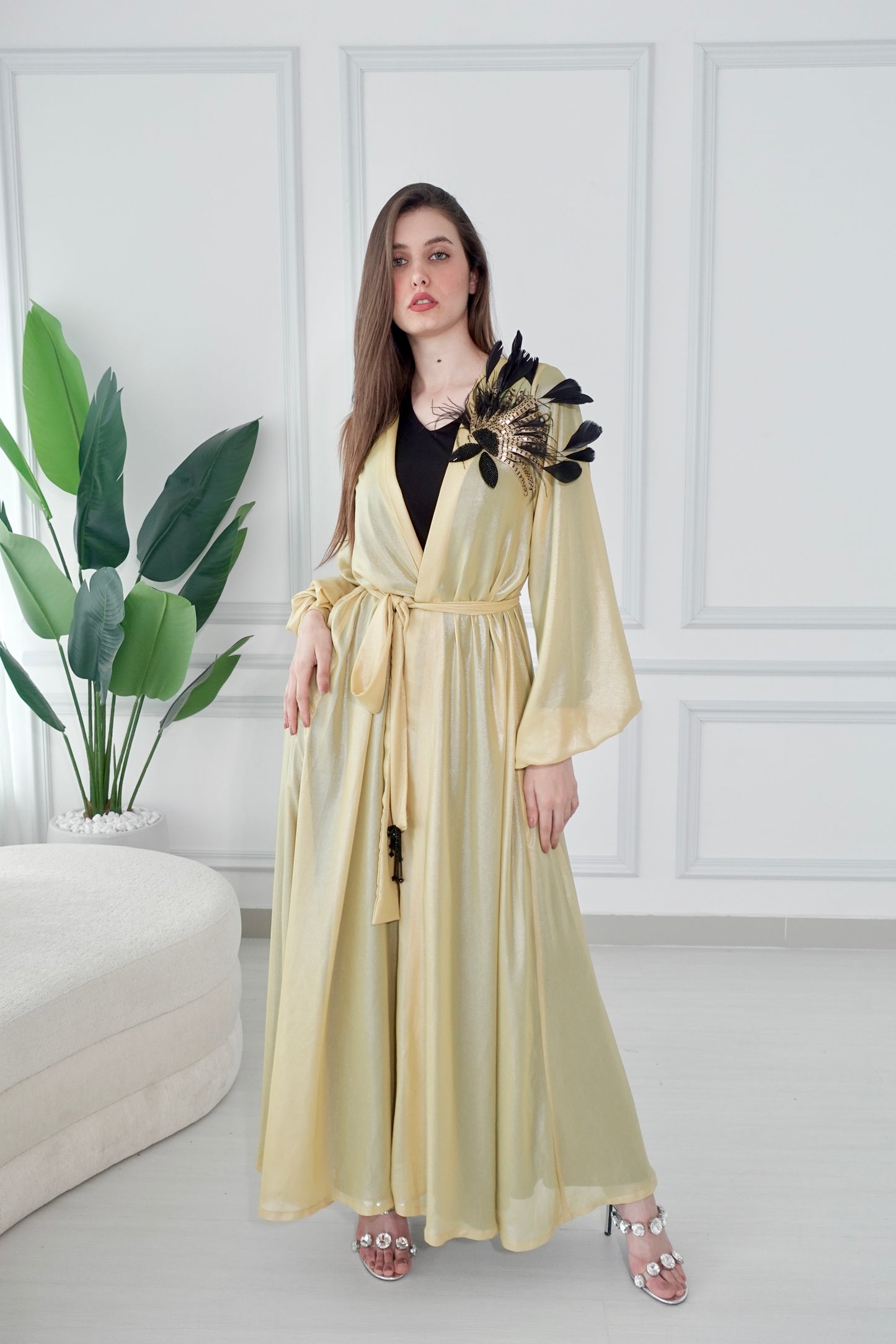 Shiny yellow kaftan with beads embroidery and feathers