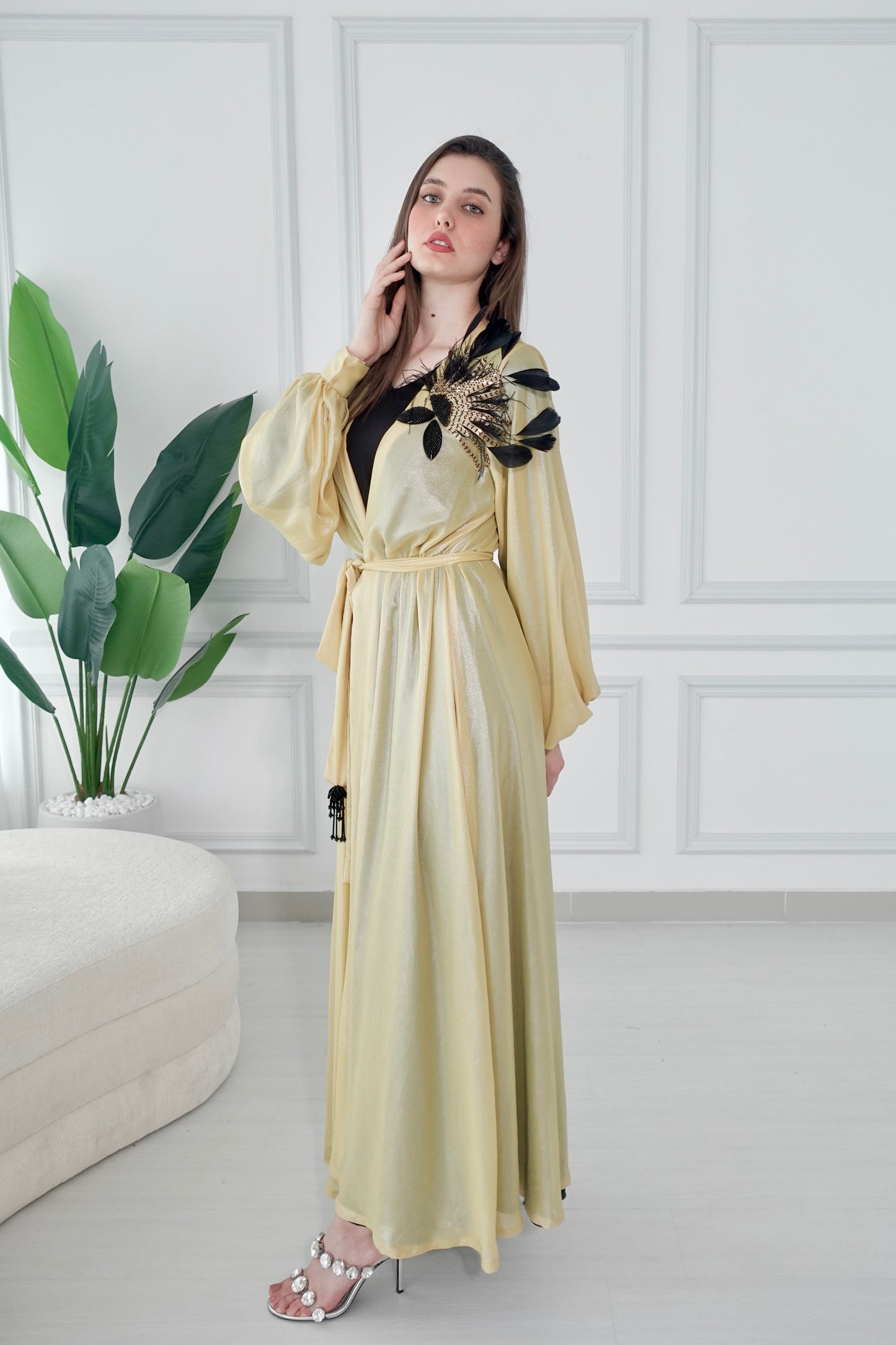 Shiny yellow kaftan with beads embroidery and feathers