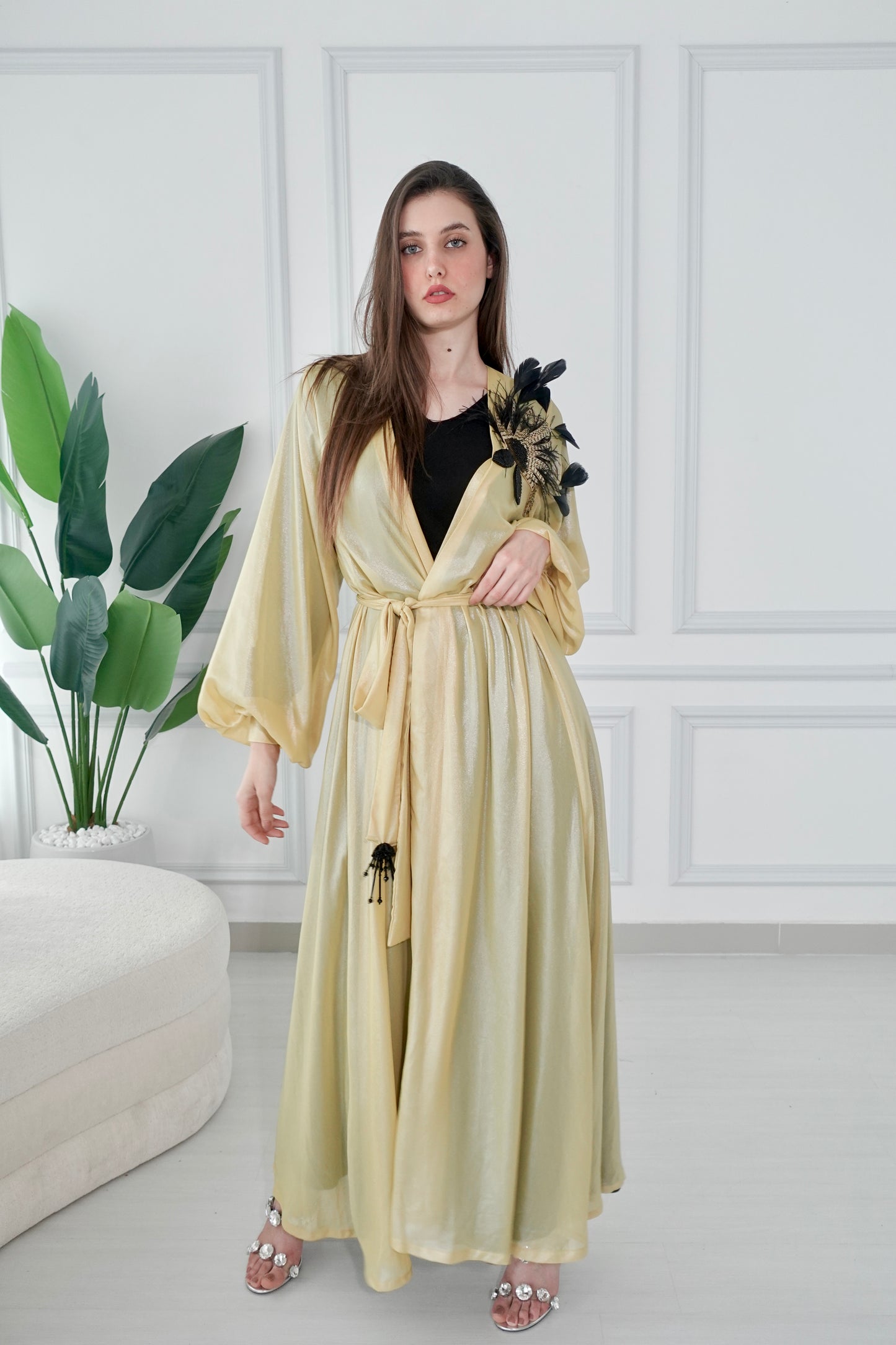 Shiny yellow kaftan with beads embroidery and feathers