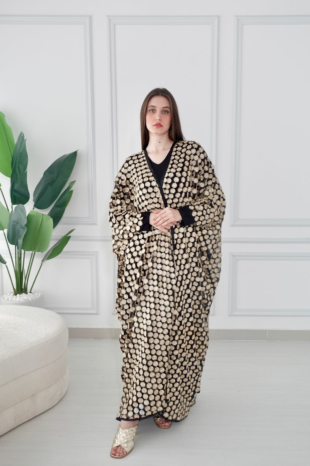 Black And Gold Tulle Embroidered Bisht