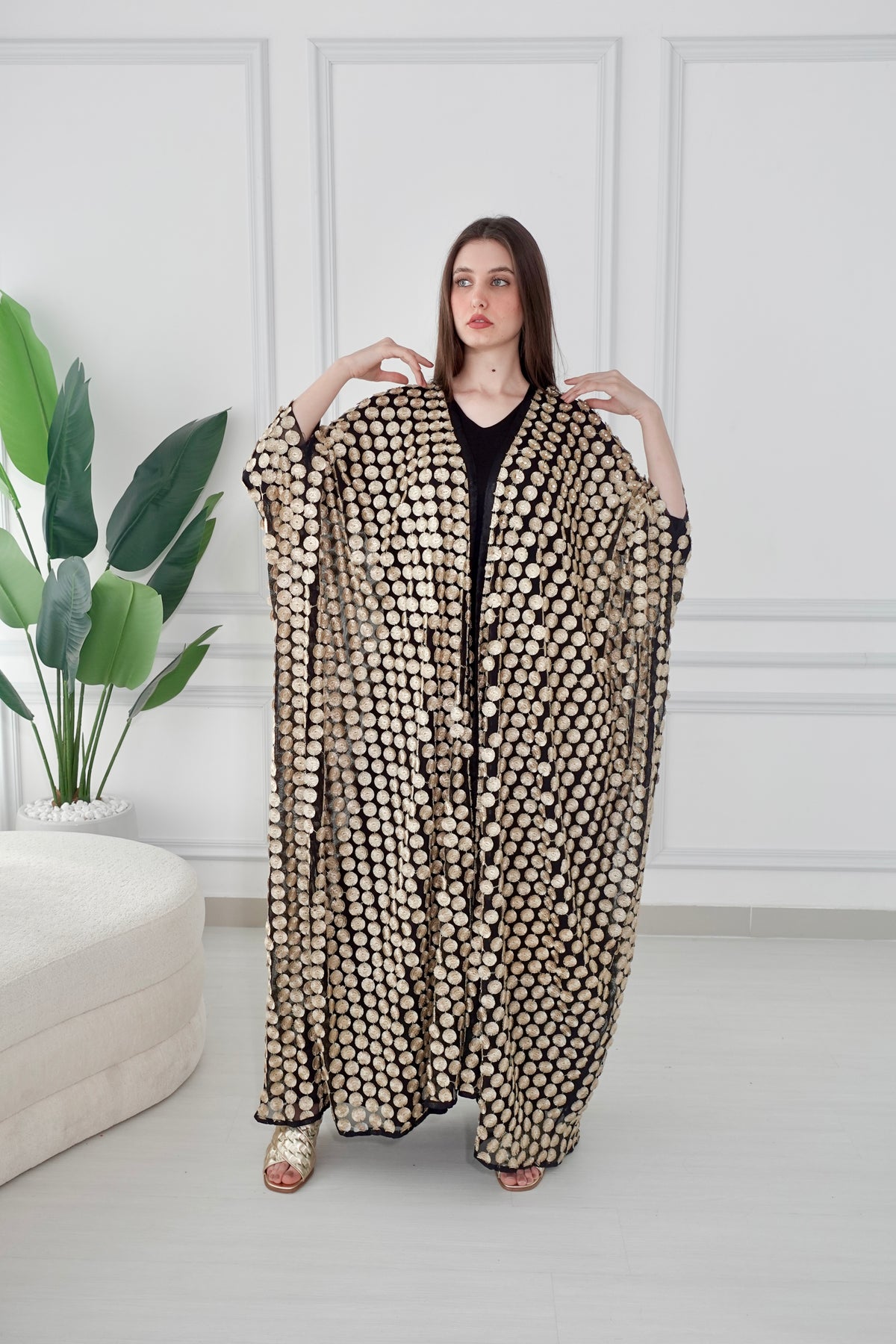 Black And Gold Tulle Embroidered Bisht