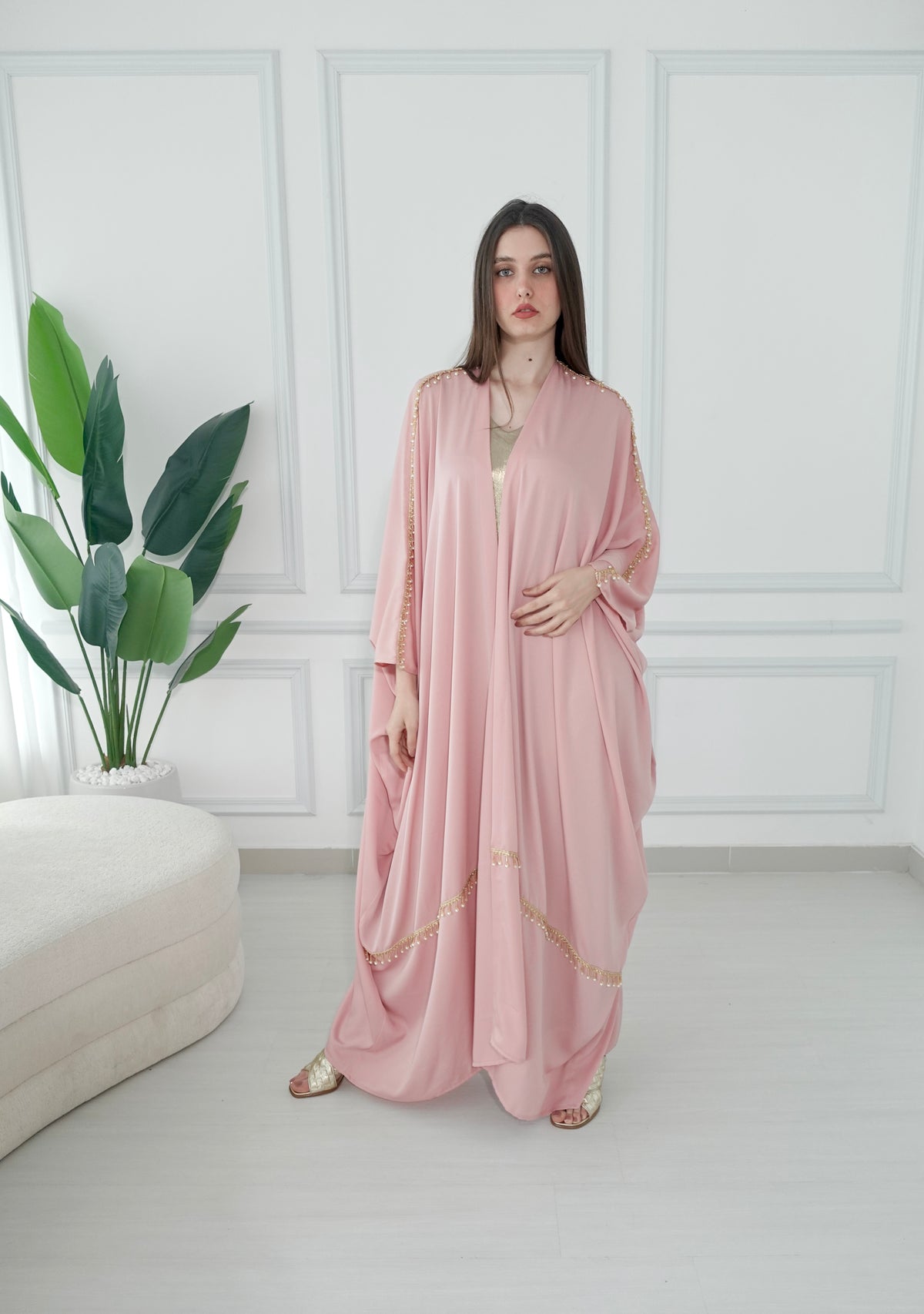 Pink Crepe Bisht With Pearls Embroidery