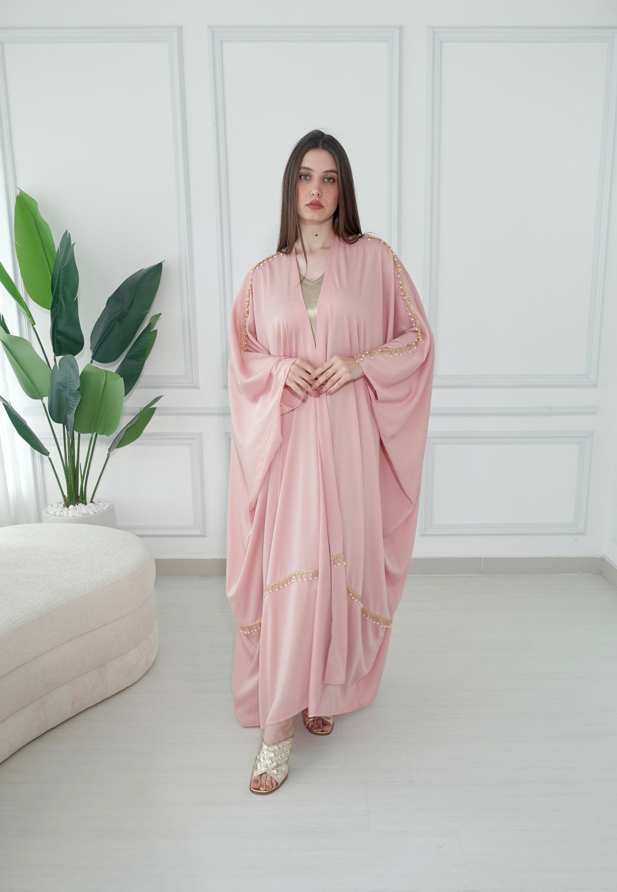 Pink Crepe Bisht With Pearls Embroidery
