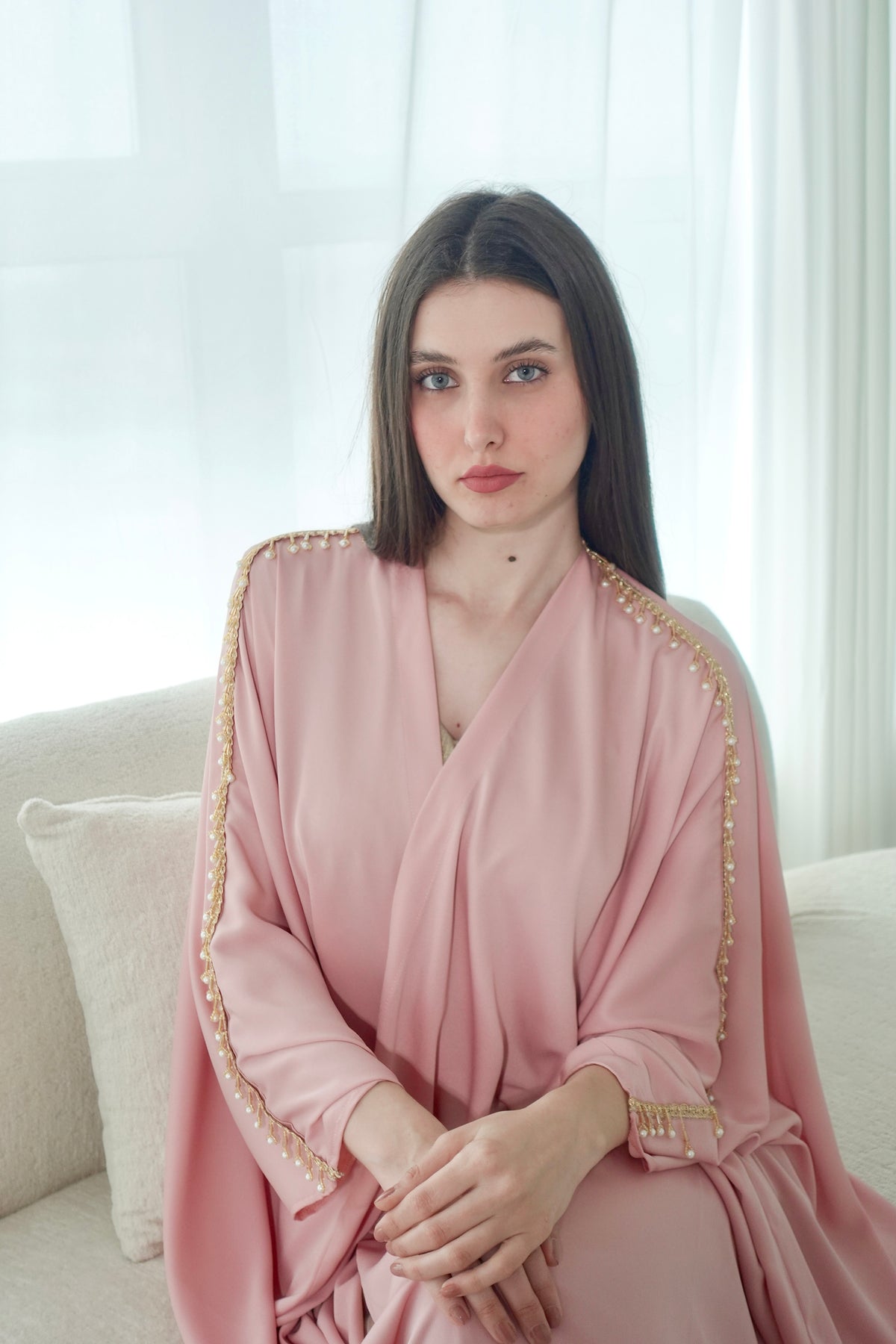 Pink Crepe Bisht With Pearls Embroidery