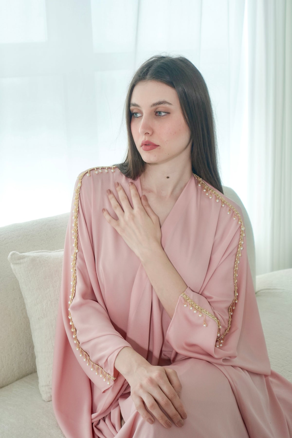 Pink Crepe Bisht With Pearls Embroidery