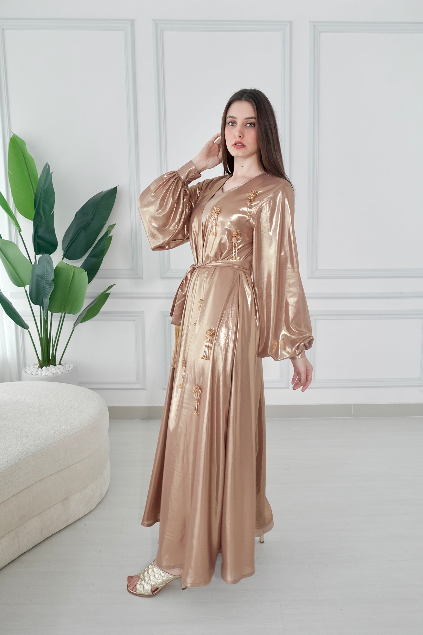Shiny gold kaftan with beads tassels embroidery