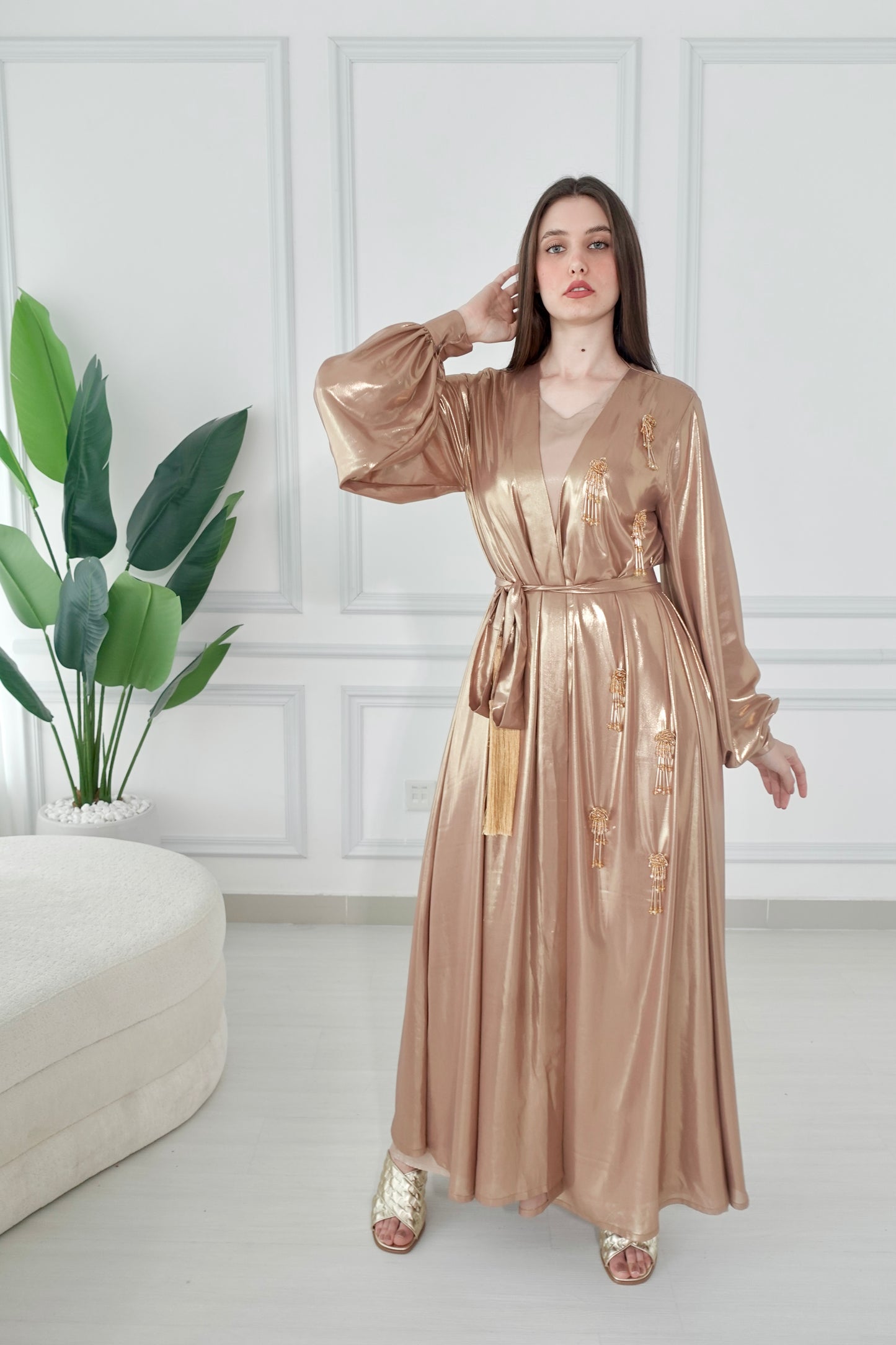 Shiny gold kaftan with beads tassels embroidery
