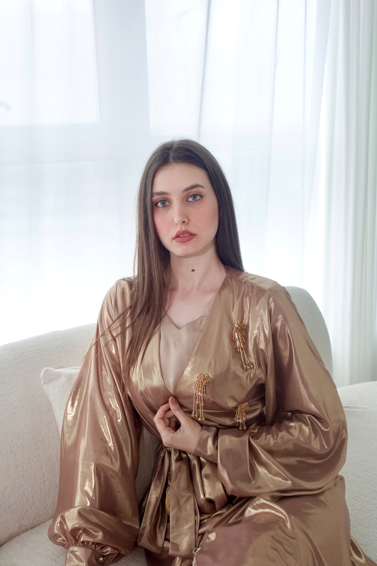 Shiny gold kaftan with beads tassels embroidery