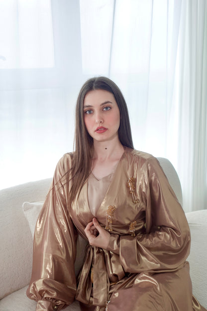 Shiny gold kaftan with beads tassels embroidery