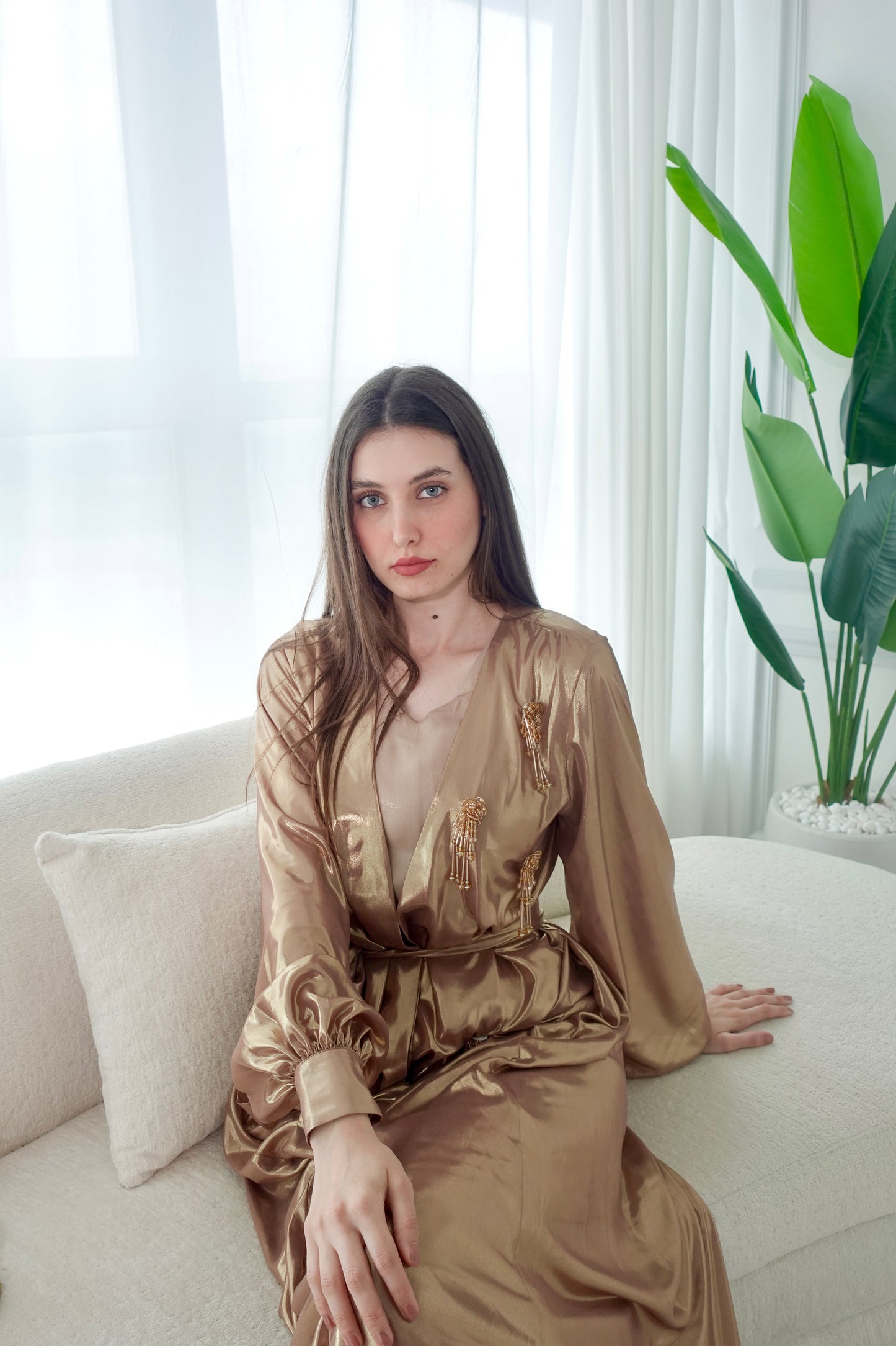 Shiny gold kaftan with beads tassels embroidery