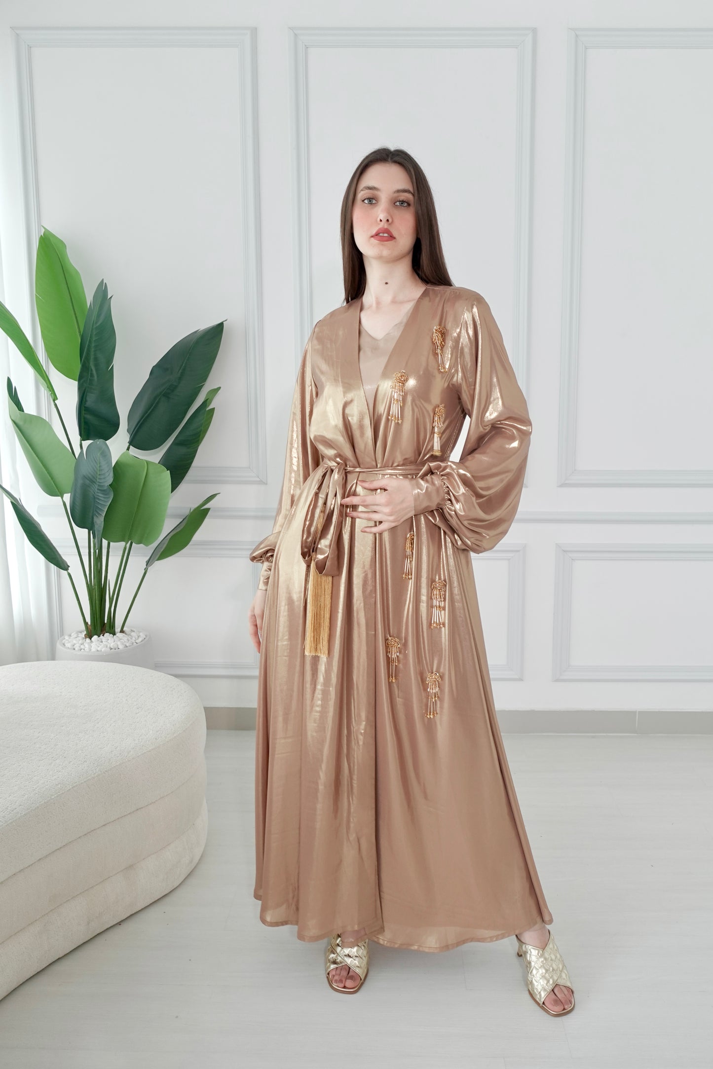 Shiny gold kaftan with beads tassels embroidery