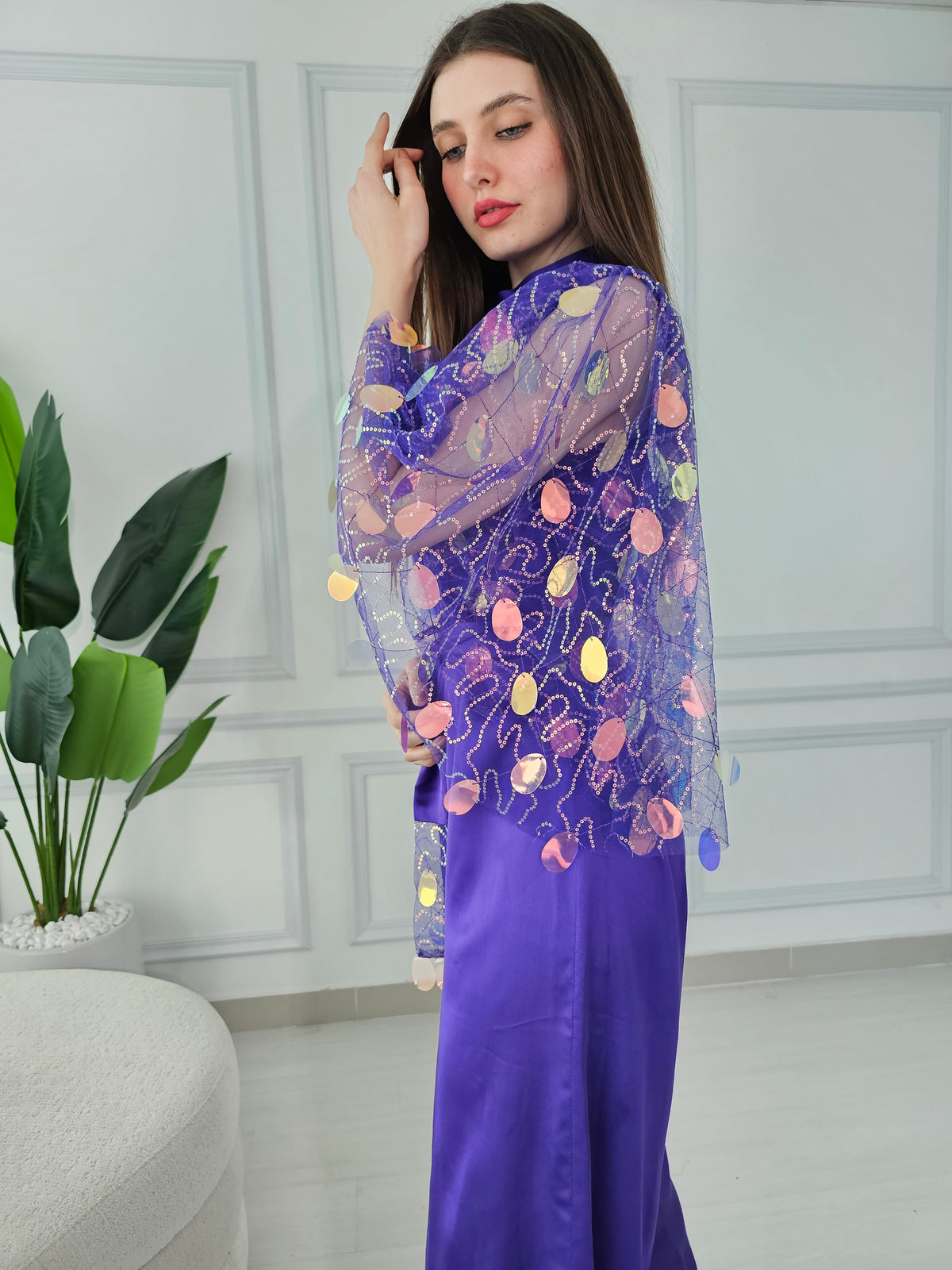 Purple Jumpsuit With Embroidered Tulle Sleeves