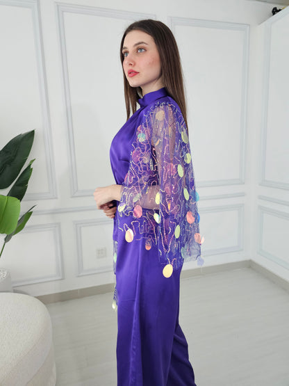 Purple jumpsuit with embroidered tulle sleeves