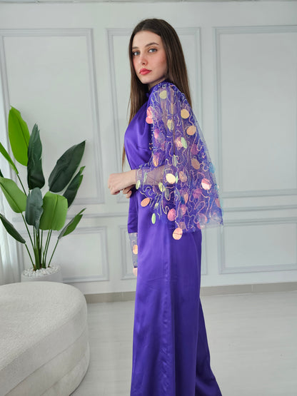 Purple jumpsuit with embroidered tulle sleeves