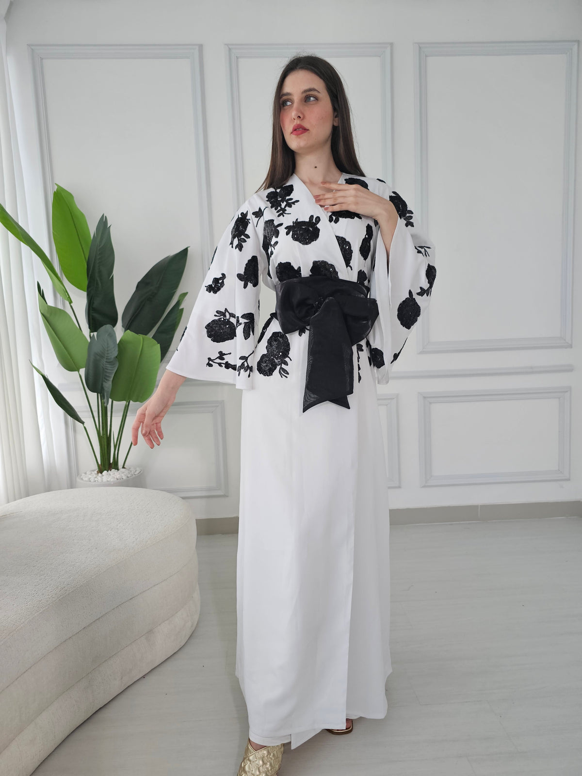 White Crepe Kaftan With Black Sequence Embroidery