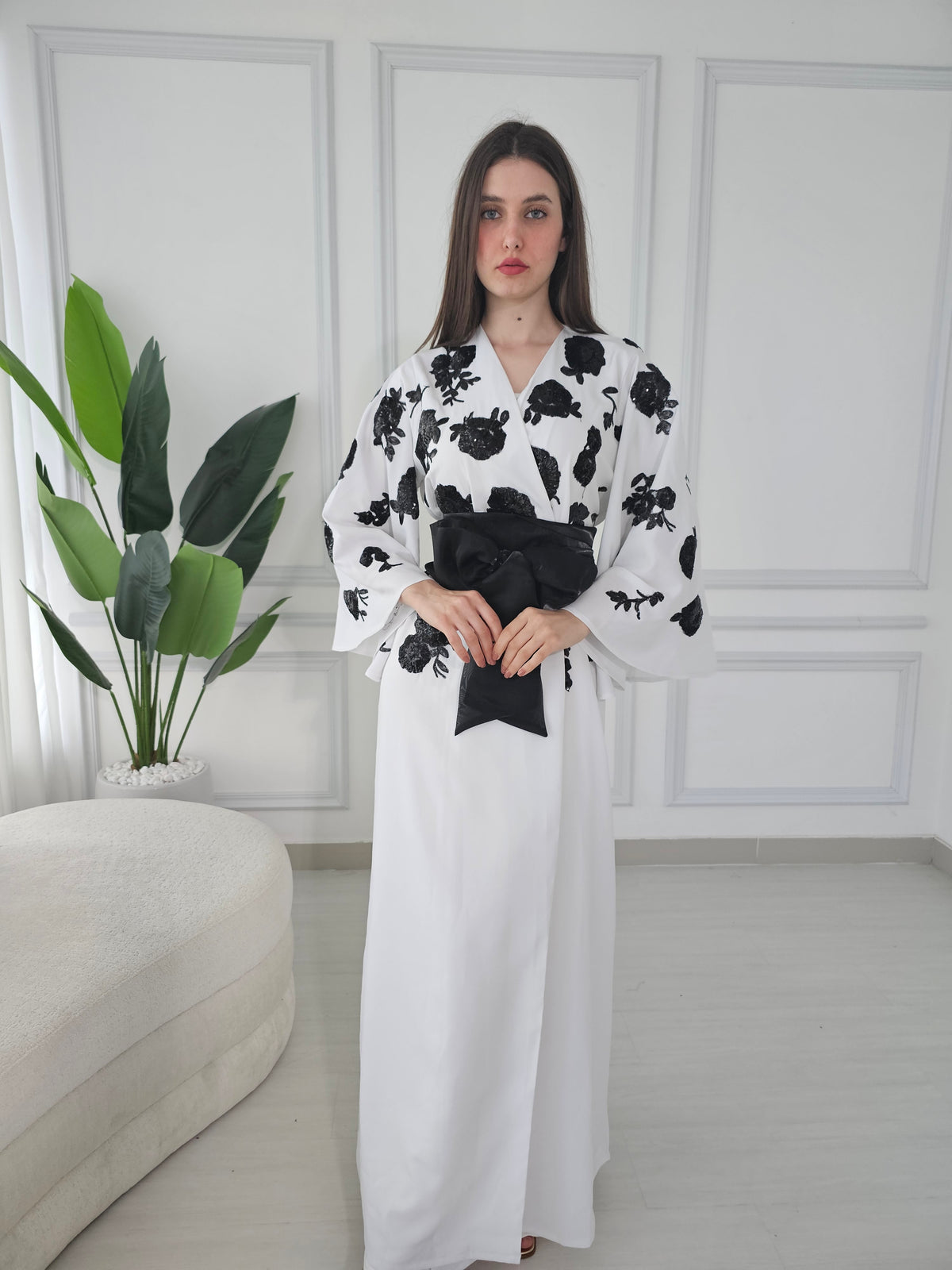 White Crepe Kaftan With Black Sequence Embroidery