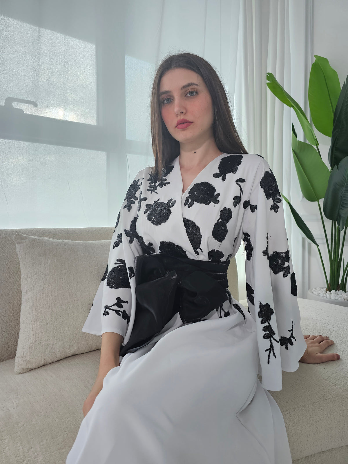 White Crepe Kaftan With Black Sequence Embroidery