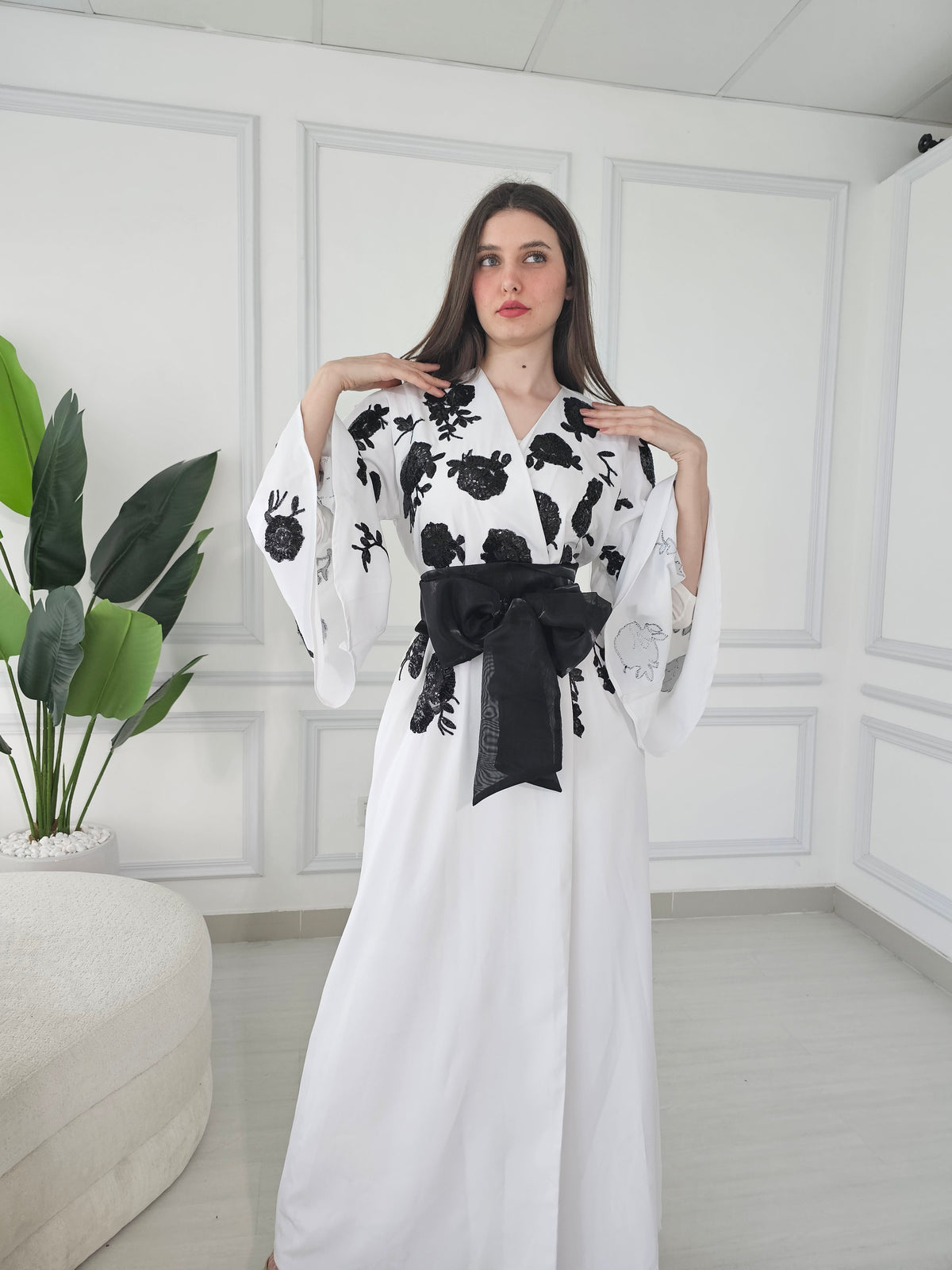 White Crepe Kaftan With Black Sequence Embroidery