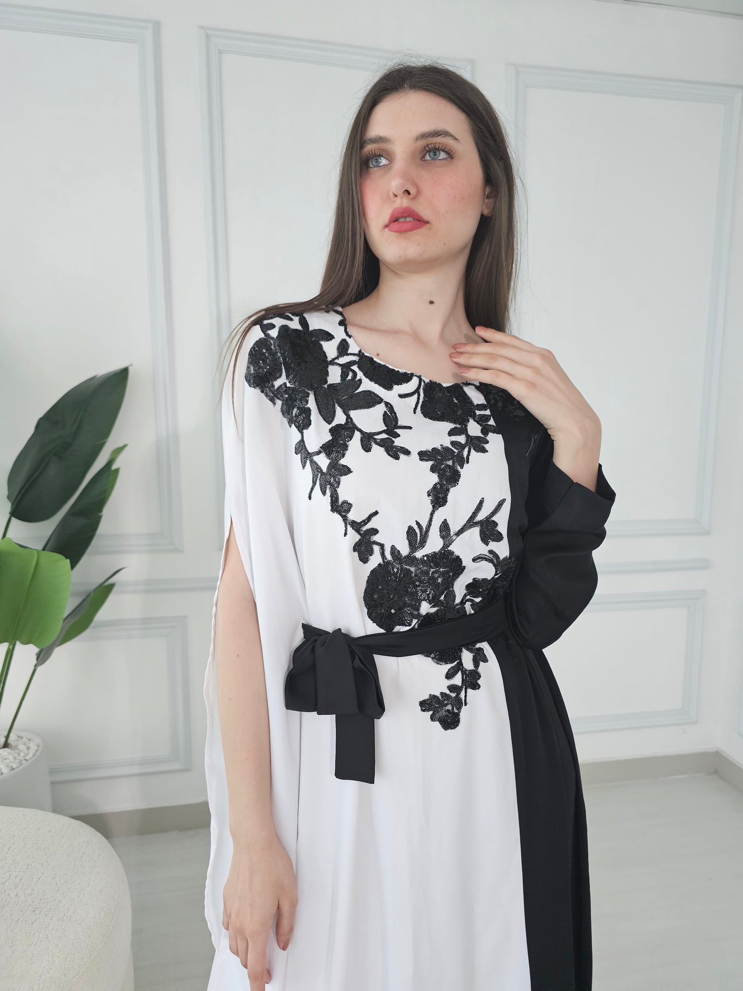 White and black kaftan dress with sequence embroidery
