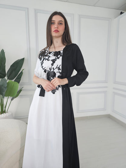 White and black kaftan dress with sequence embroidery