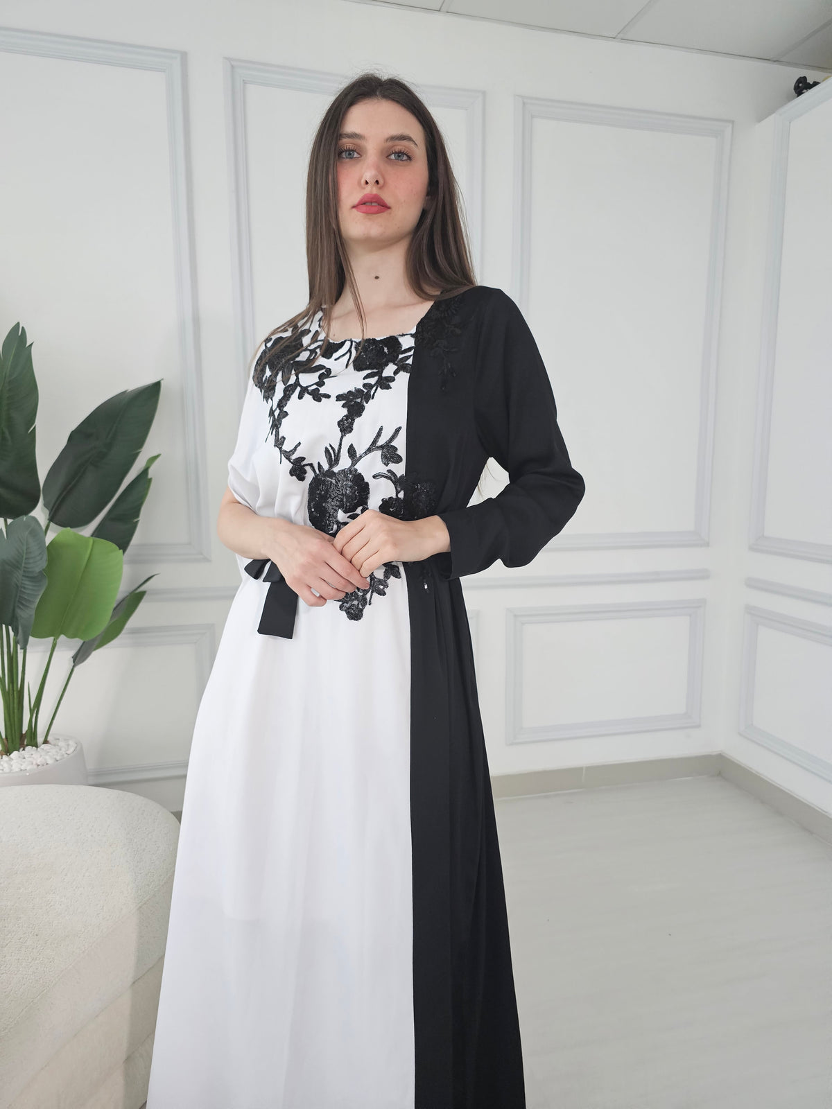 White And Black Kaftan Dress With Sequence Embroidery