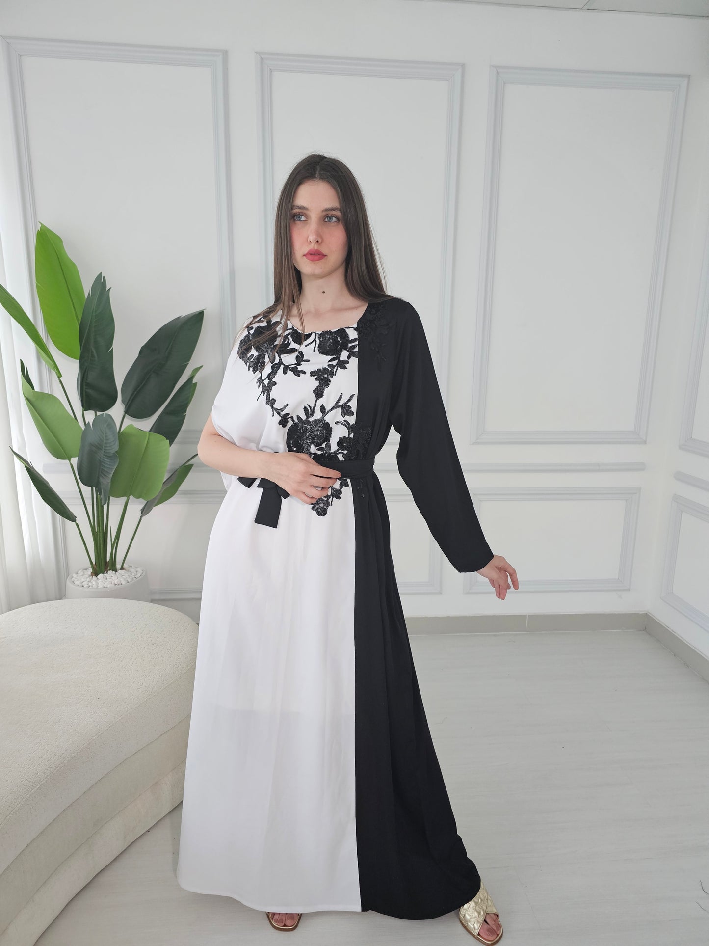 White and black kaftan dress with sequence embroidery