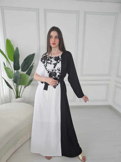 White and black kaftan dress with sequence embroidery