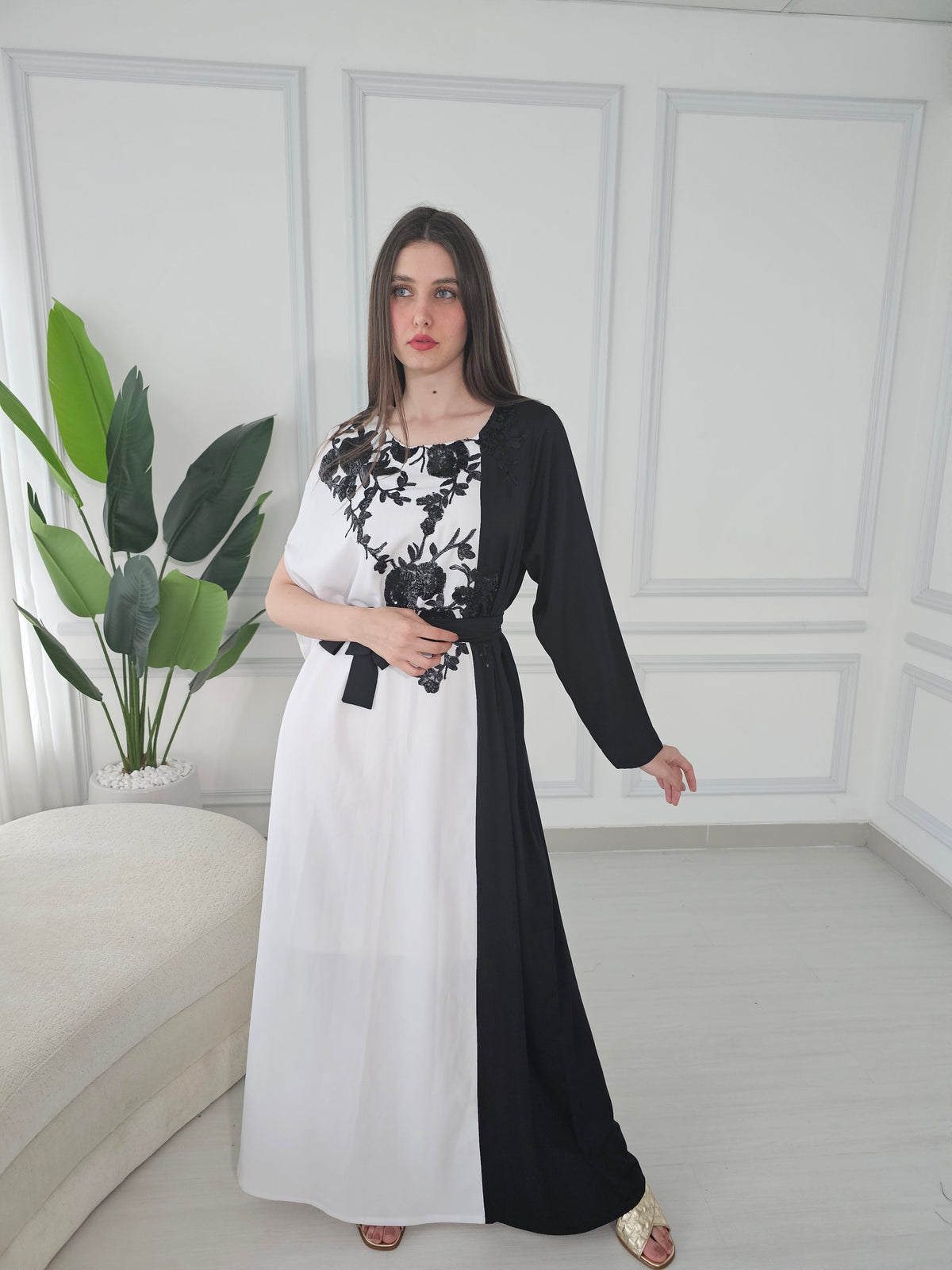 White And Black Kaftan Dress With Sequence Embroidery