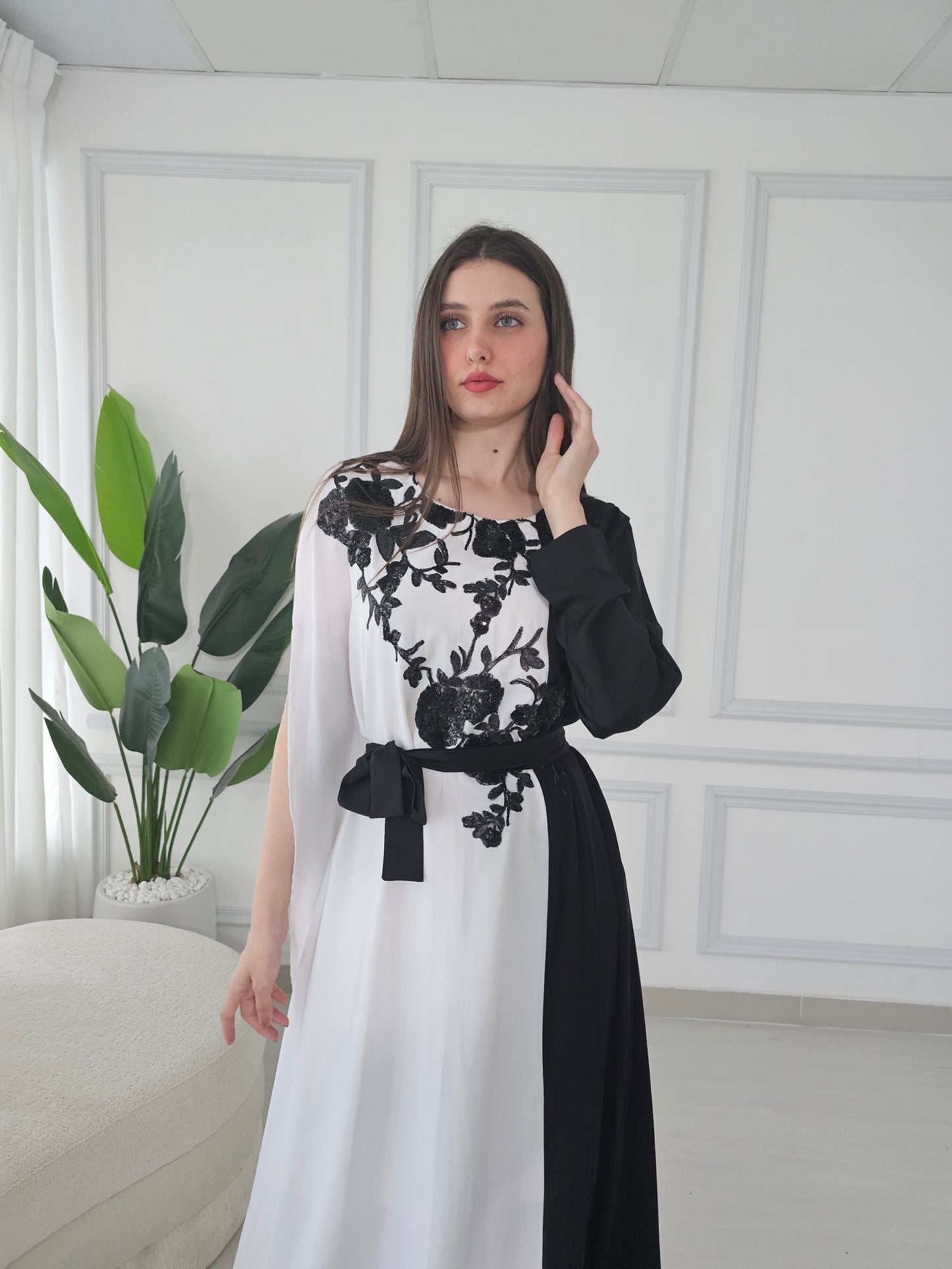 White and black kaftan dress with sequence embroidery