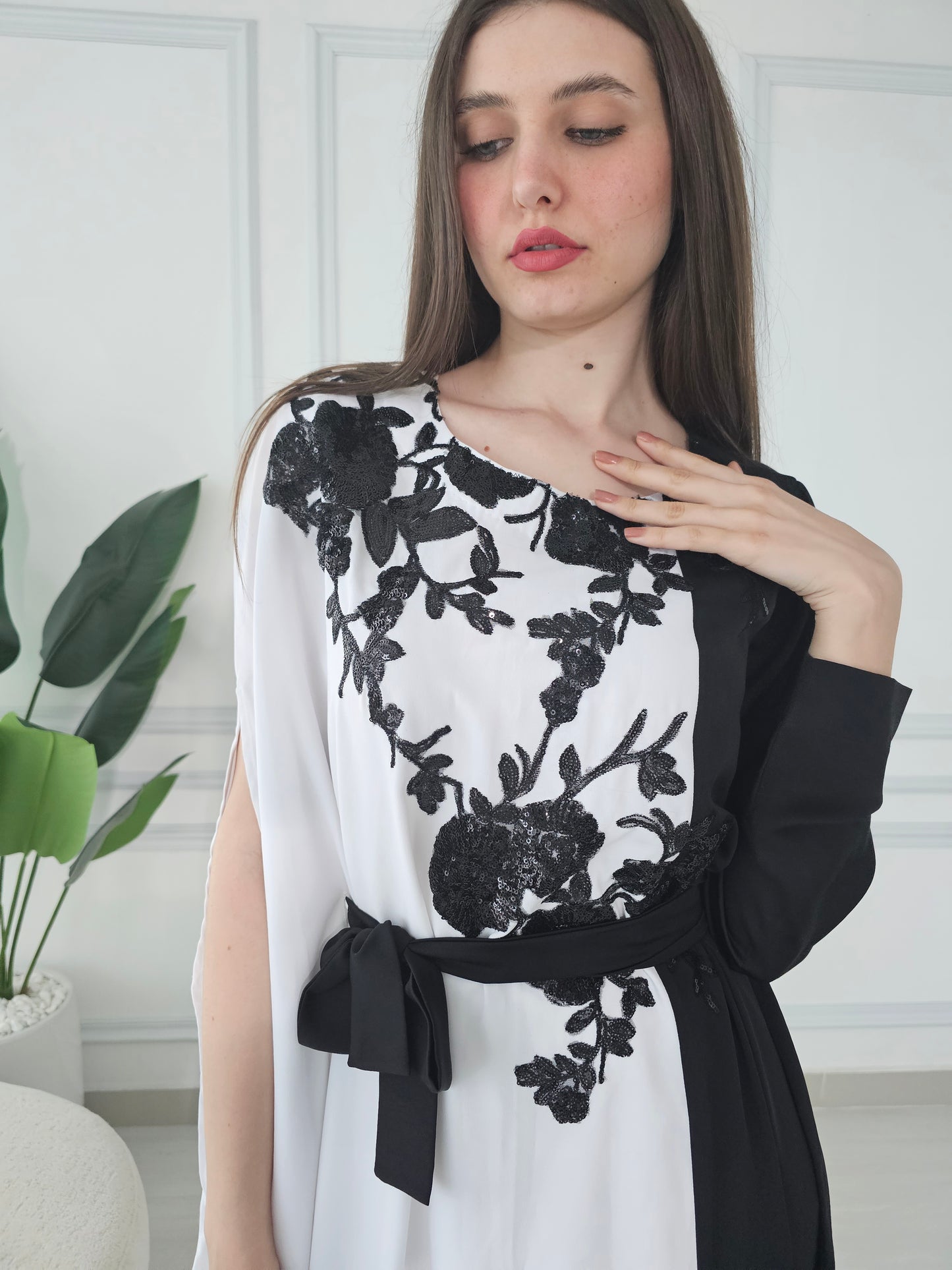 White and black kaftan dress with sequence embroidery