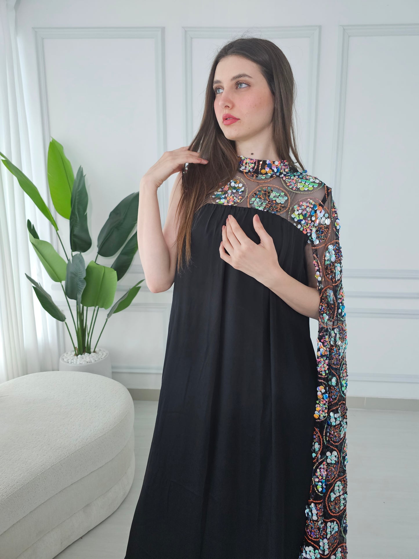 Black crepe satin kaftan dress with one sequence embroidery long sleeve