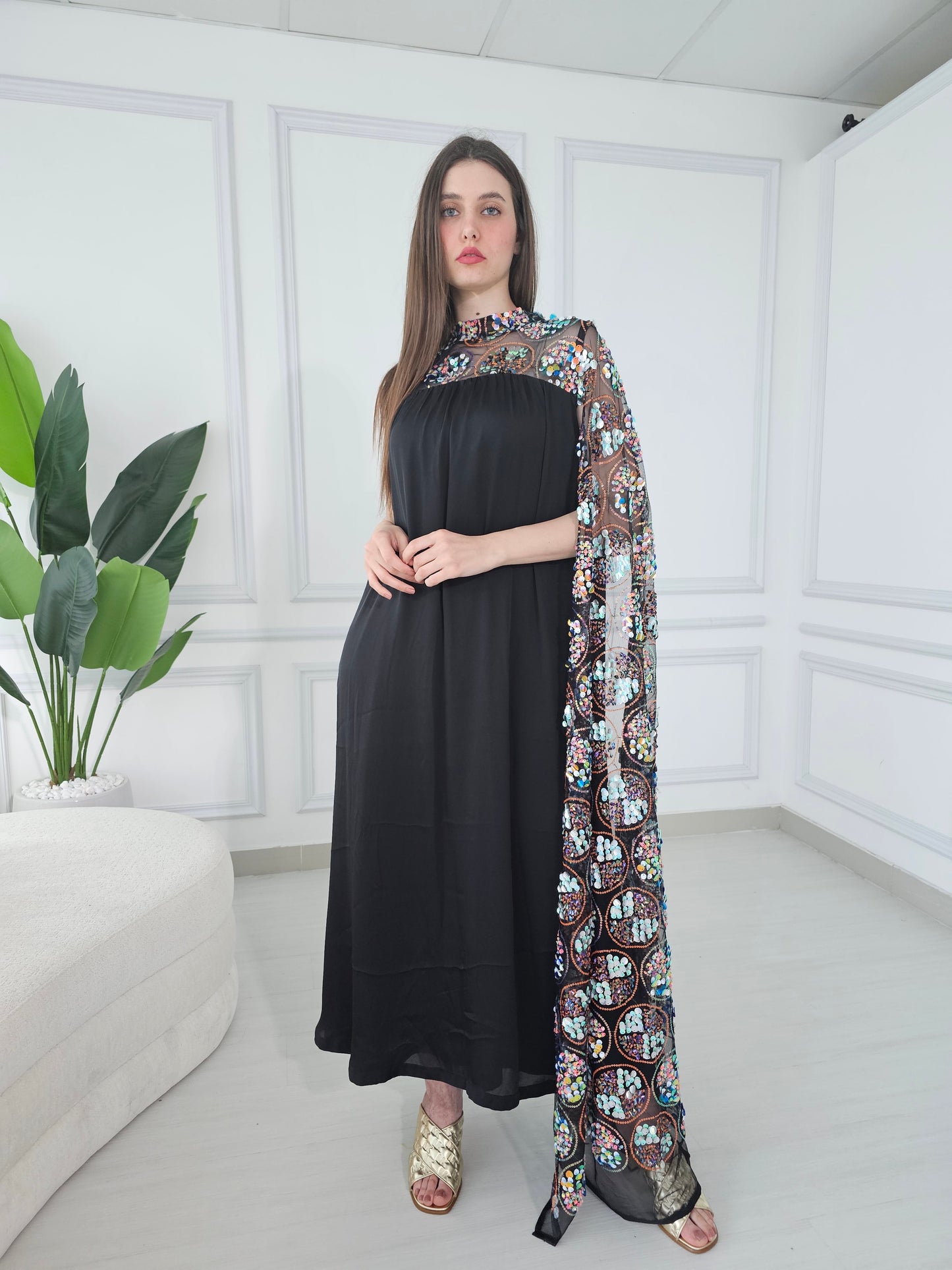 Black crepe satin kaftan dress with one sequence embroidery long sleeve