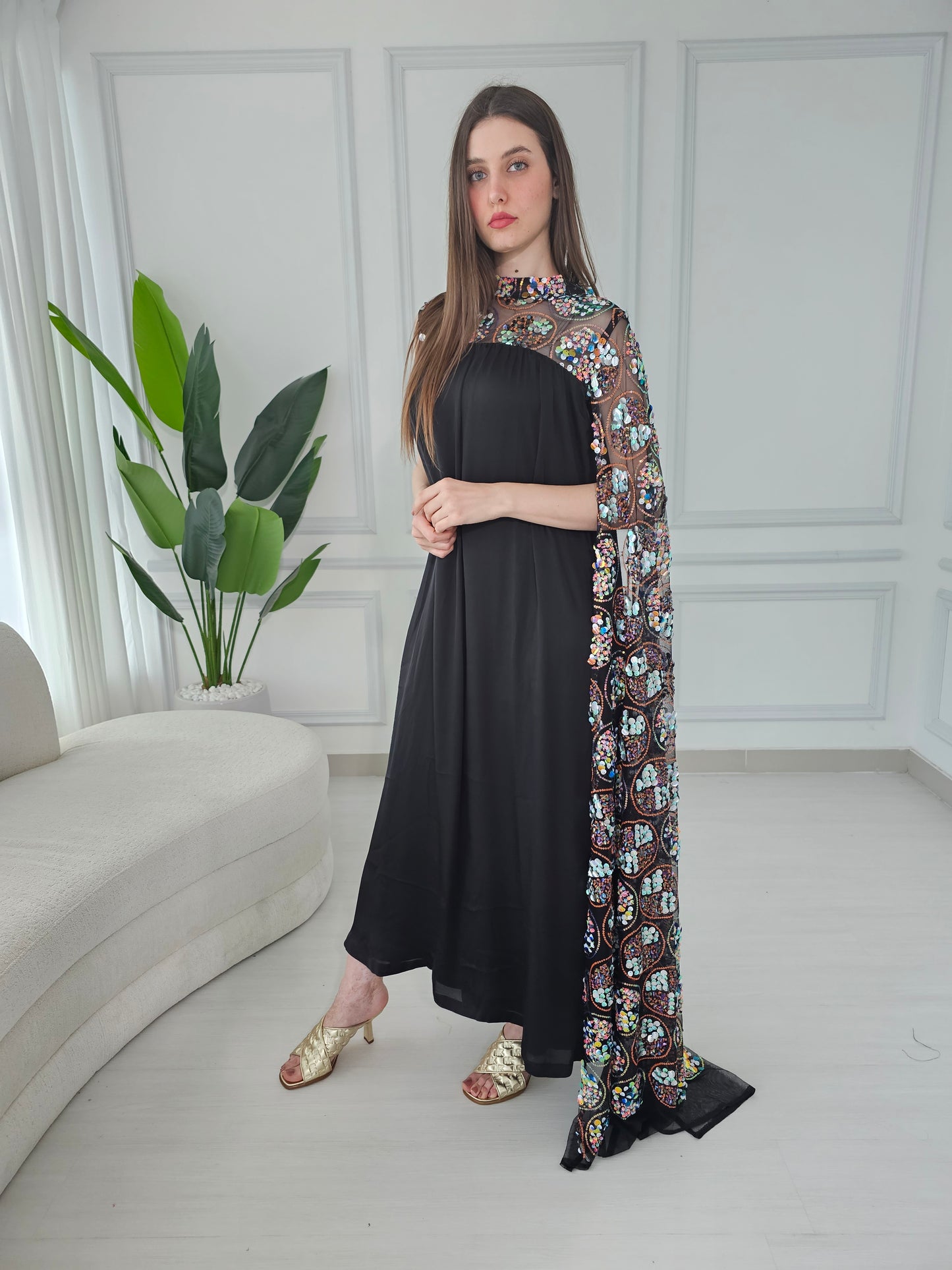 Black crepe satin kaftan dress with one sequence embroidery long sleeve