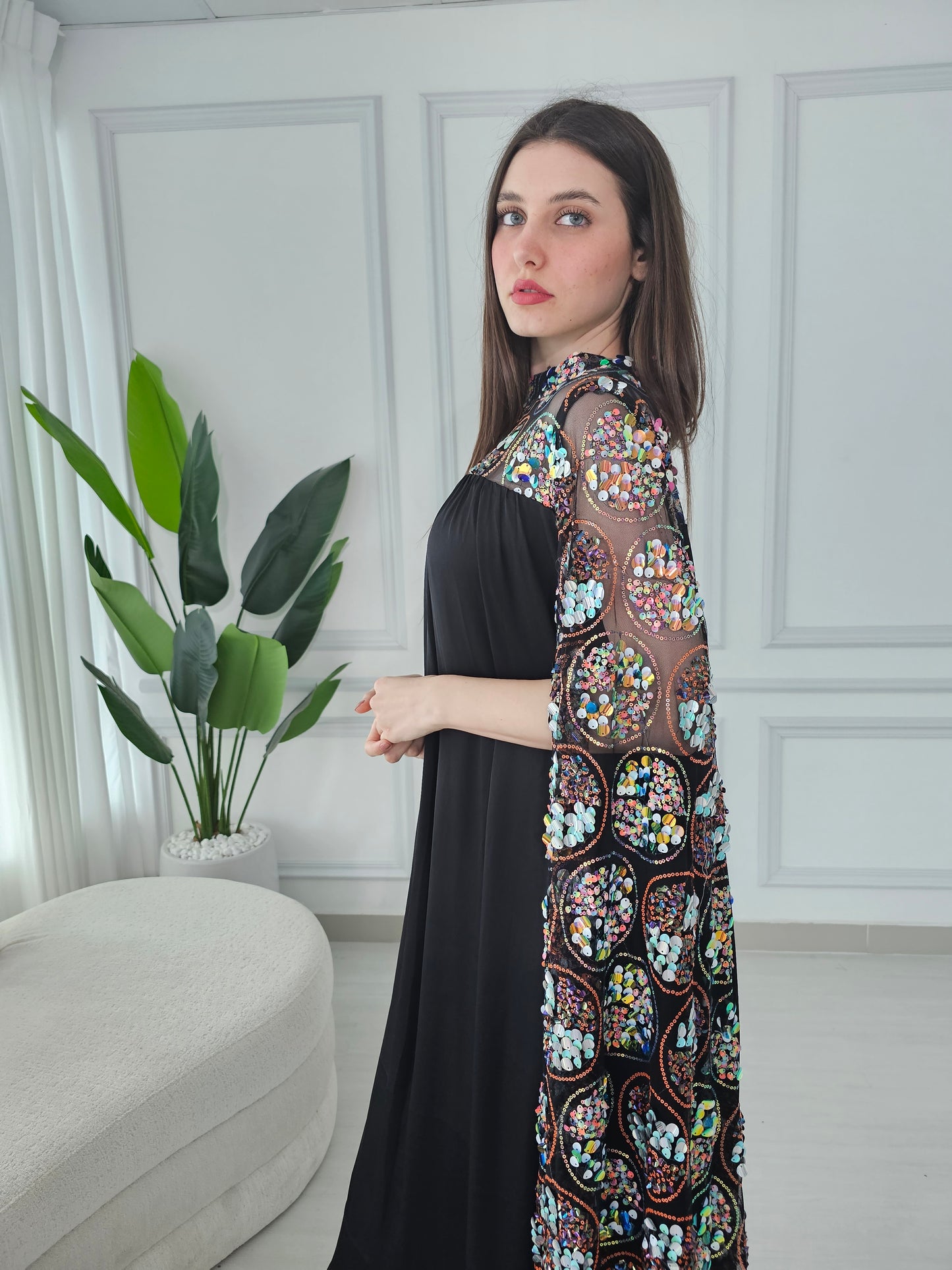 Black crepe satin kaftan dress with one sequence embroidery long sleeve