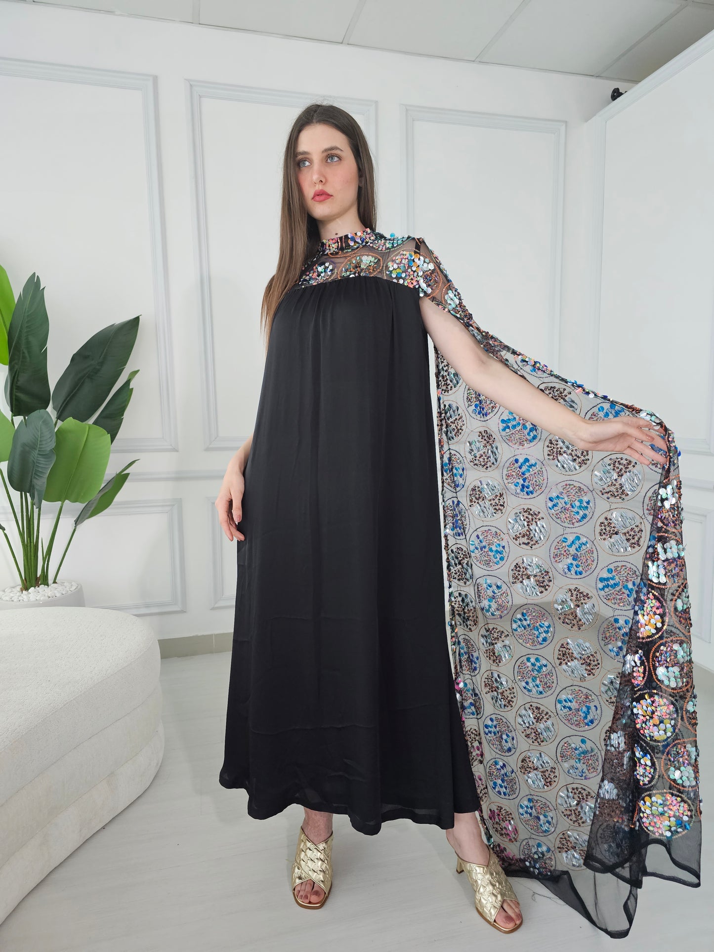 Black crepe satin kaftan dress with one sequence embroidery long sleeve