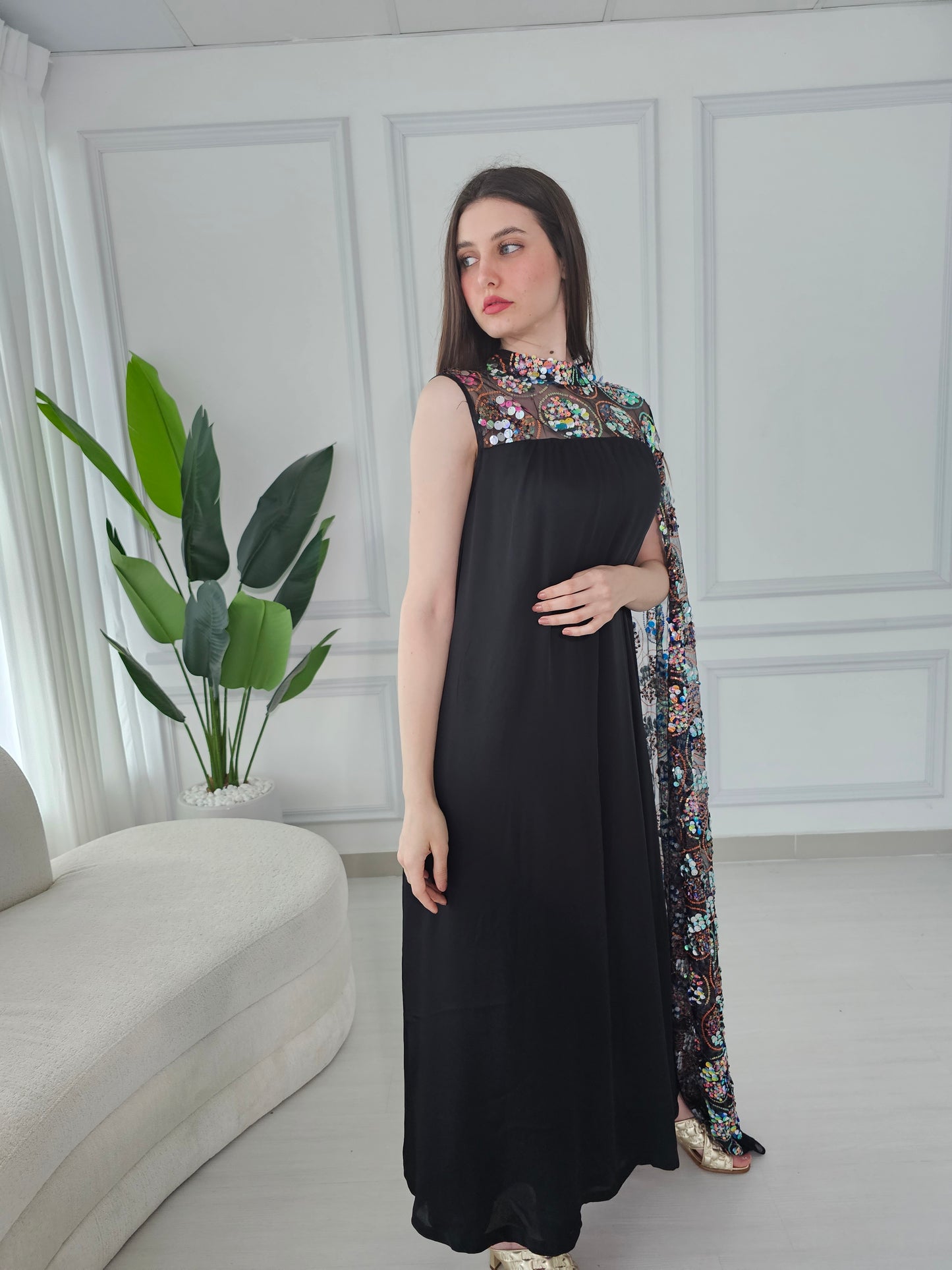 Black crepe satin kaftan dress with one sequence embroidery long sleeve